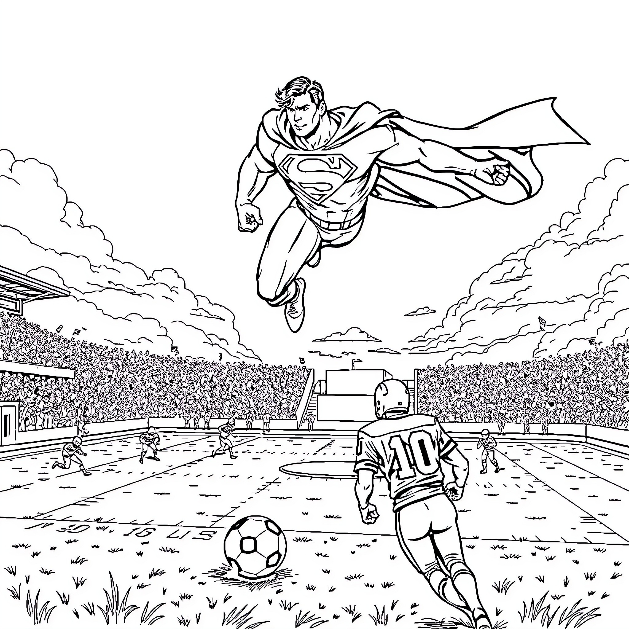 Superman soaring over a soccer match Coloring Page (free black-and-white line drawing printable PDF for all, from beginners to advanced learners, including children, teens, adults, and seniors)