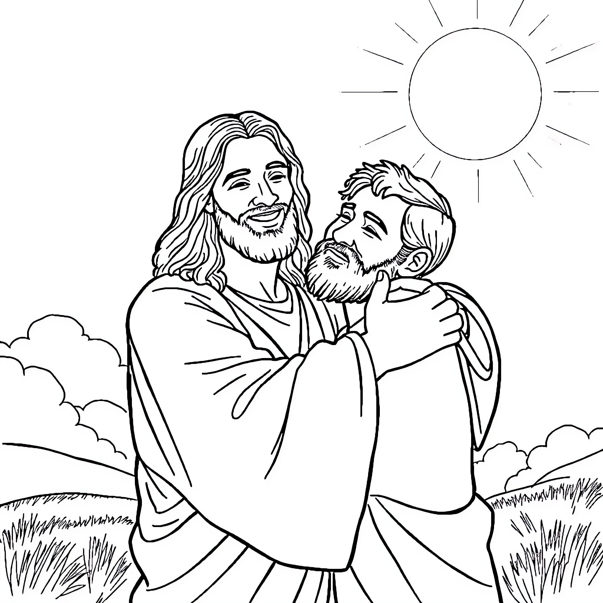 Jesus embracing a disciple in a tranquil setting Coloring Page (free black-and-white line drawing printable PDF for all, from beginners to advanced learners, including children, teens, adults, and seniors)