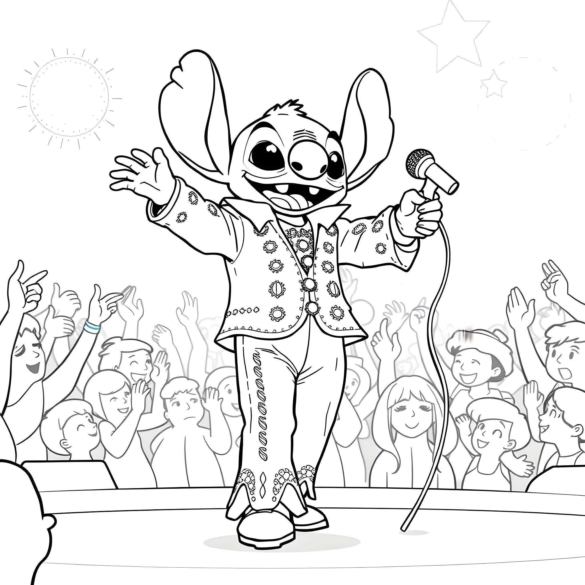 Elvis the Lovable Alien Entertains the Crowd Coloring Page (free black-and-white line drawing printable PDF for all, from beginners to advanced learners, including children, teens, adults, and seniors)
