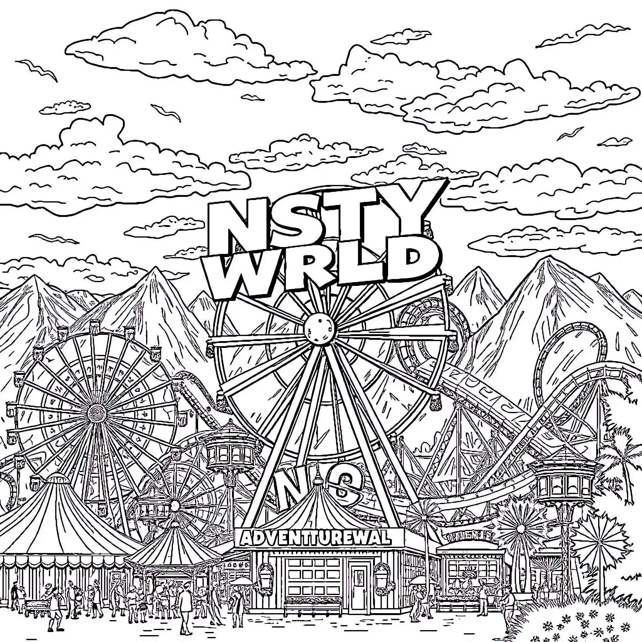 Adventure Park with Exciting Rides and Attractions Coloring Page (free black-and-white line drawing printable PDF for all, from beginners to advanced learners, including children, teens, adults, and seniors)