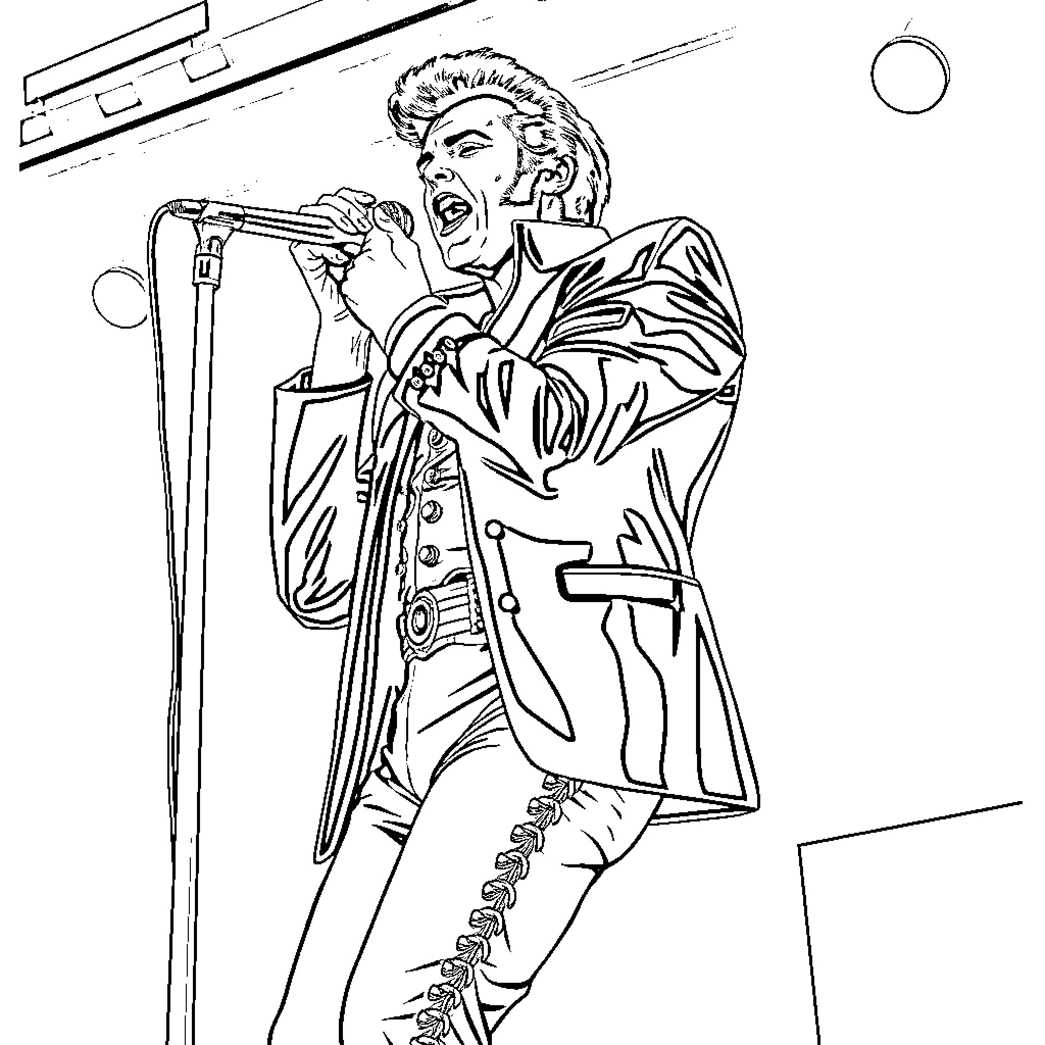 Elvis Presley performing on stage in iconic attire Coloring Page (free black-and-white line drawing printable PDF for all, from beginners to advanced learners, including children, teens, adults, and seniors)