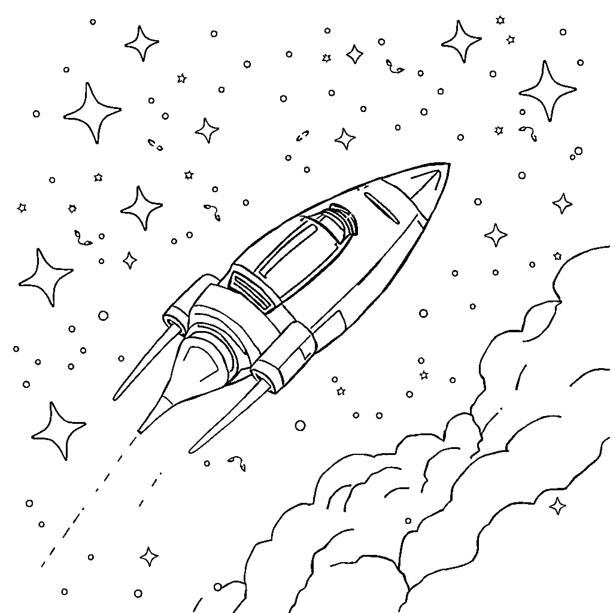Spaceship soaring through cosmic starscape Coloring Page (free black-and-white line drawing printable PDF for all, from beginners to advanced learners, including children, teens, adults, and seniors)