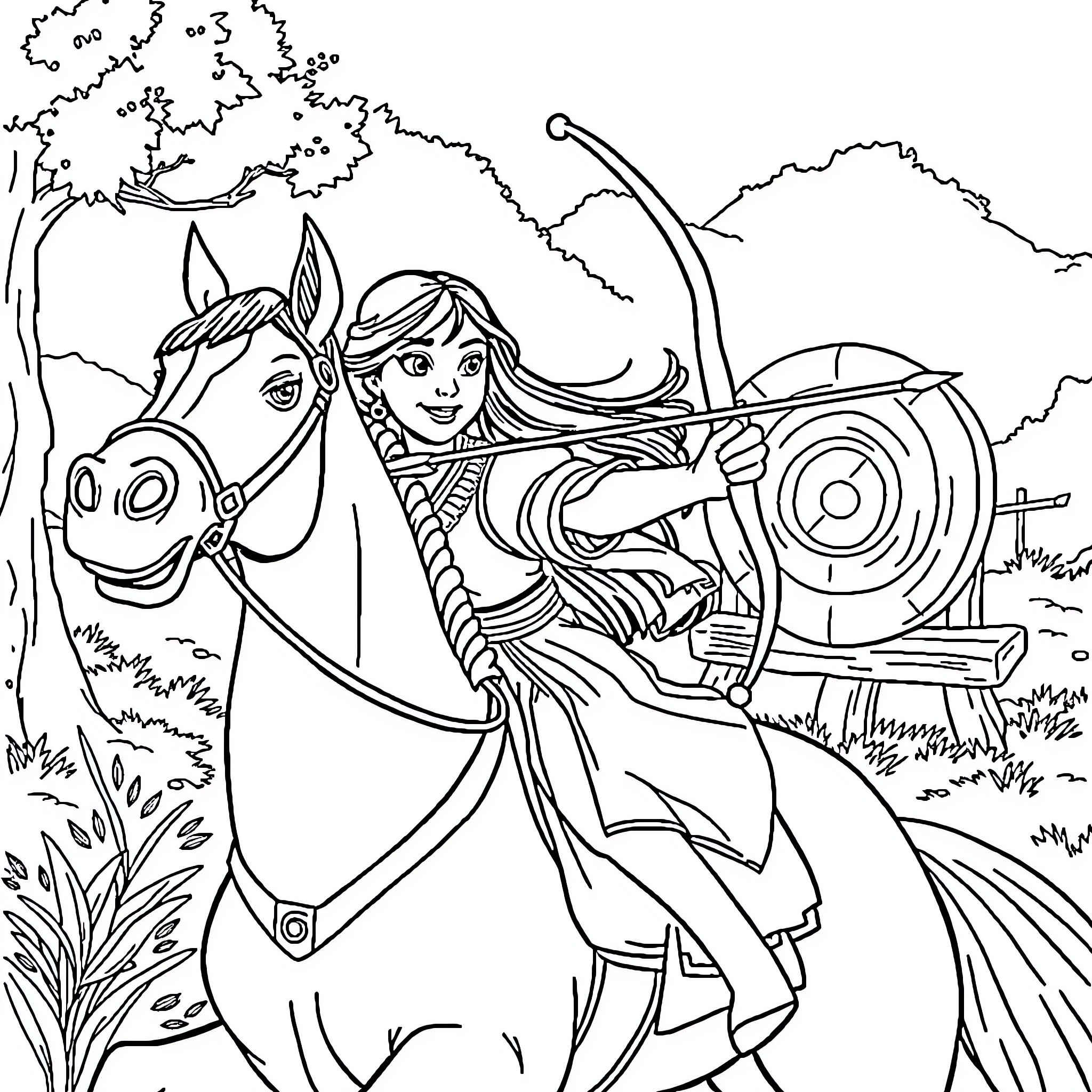 Mulan riding a horse with bow and arrow in nature Coloring Page (free black-and-white line drawing printable PDF for all, from beginners to advanced learners, including children, teens, adults, and seniors)