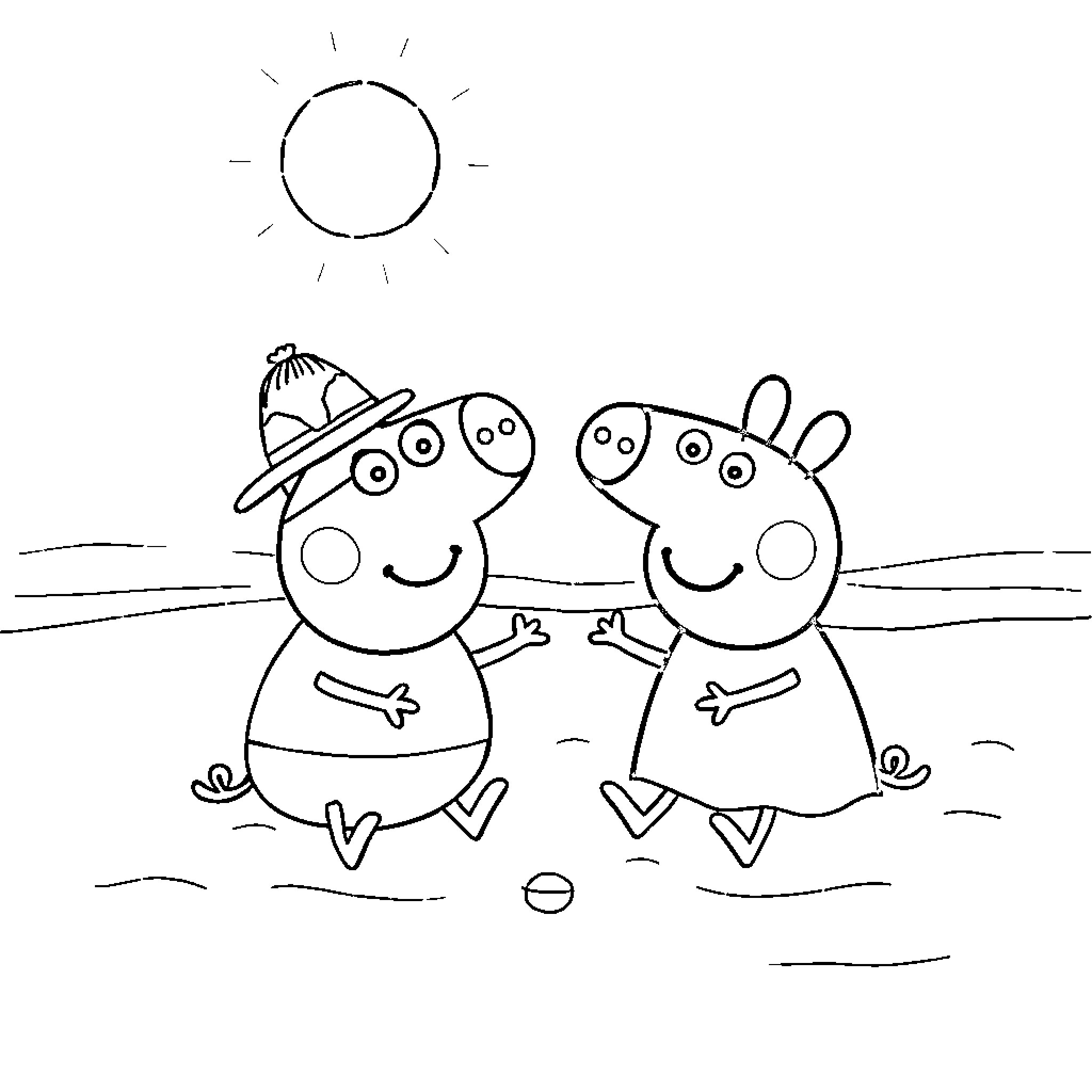Peppa Pig and friend playing on the beach Coloring Page (free black-and-white line drawing printable PDF for all, from beginners to advanced learners, including children, teens, adults, and seniors)