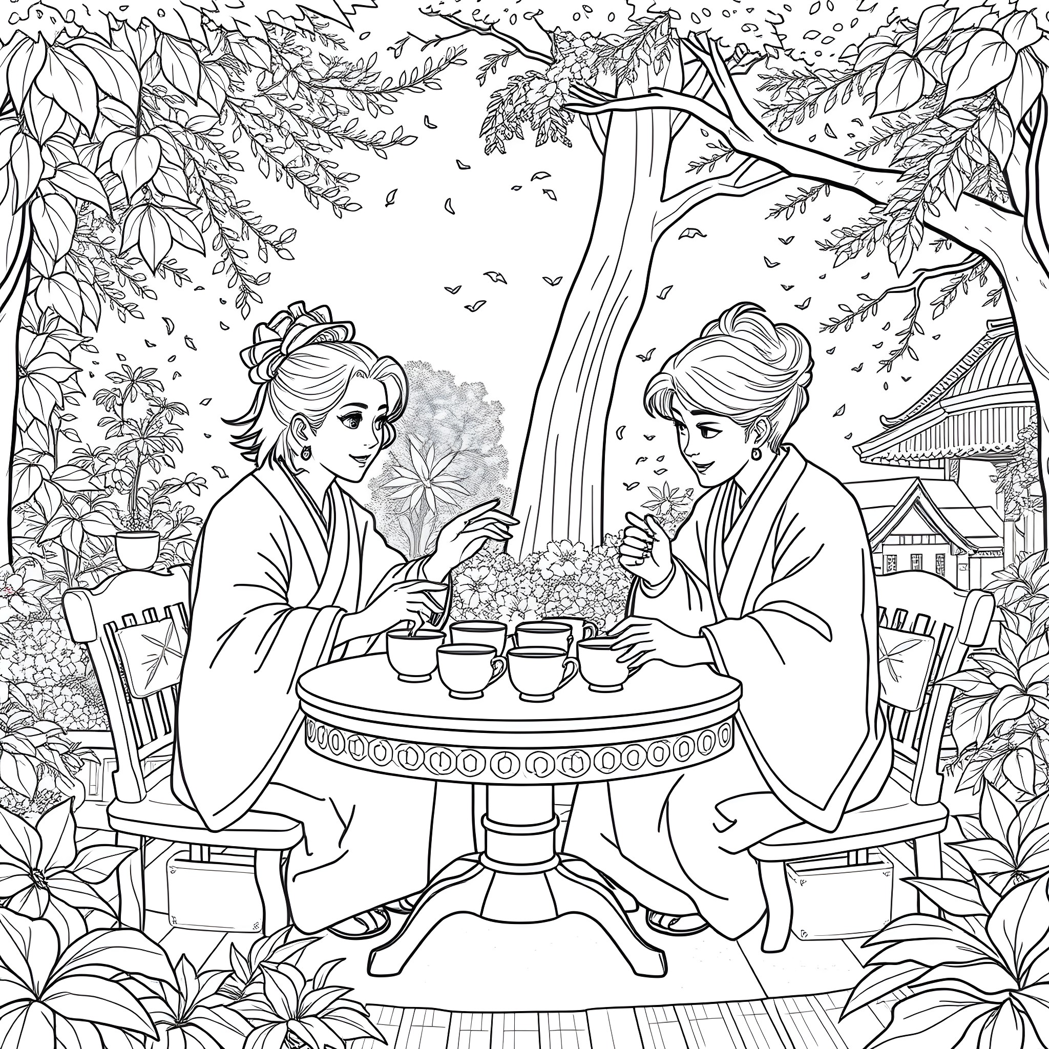 Gojo Friends Enjoying Afternoon Tea in the Garden Coloring Page (free black-and-white line drawing printable PDF for all, from beginners to advanced learners, including children, teens, adults, and seniors)