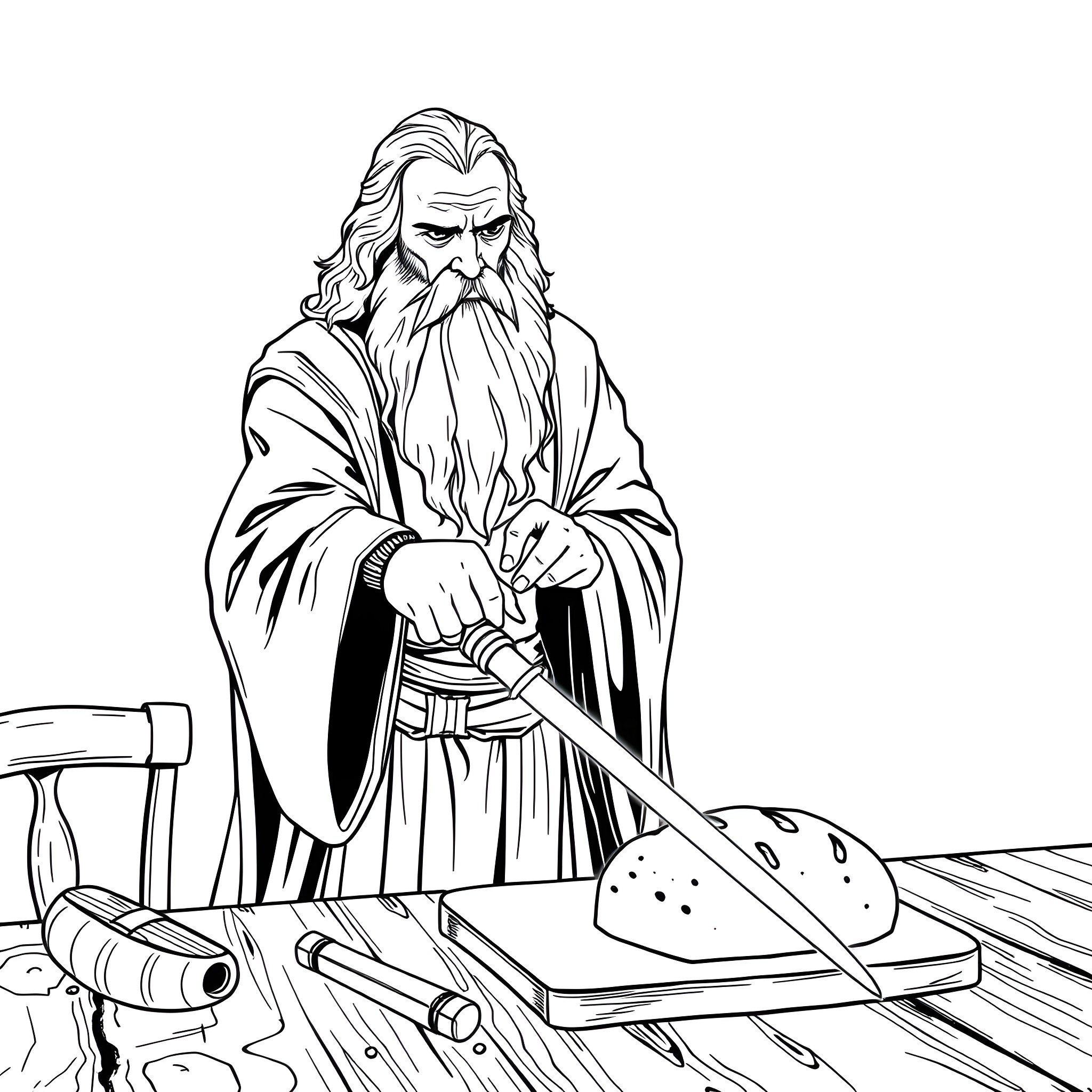 Gandalf crafting tools in his workshop Coloring Page (free black-and-white line drawing printable PDF for all, from beginners to advanced learners, including children, teens, adults, and seniors)