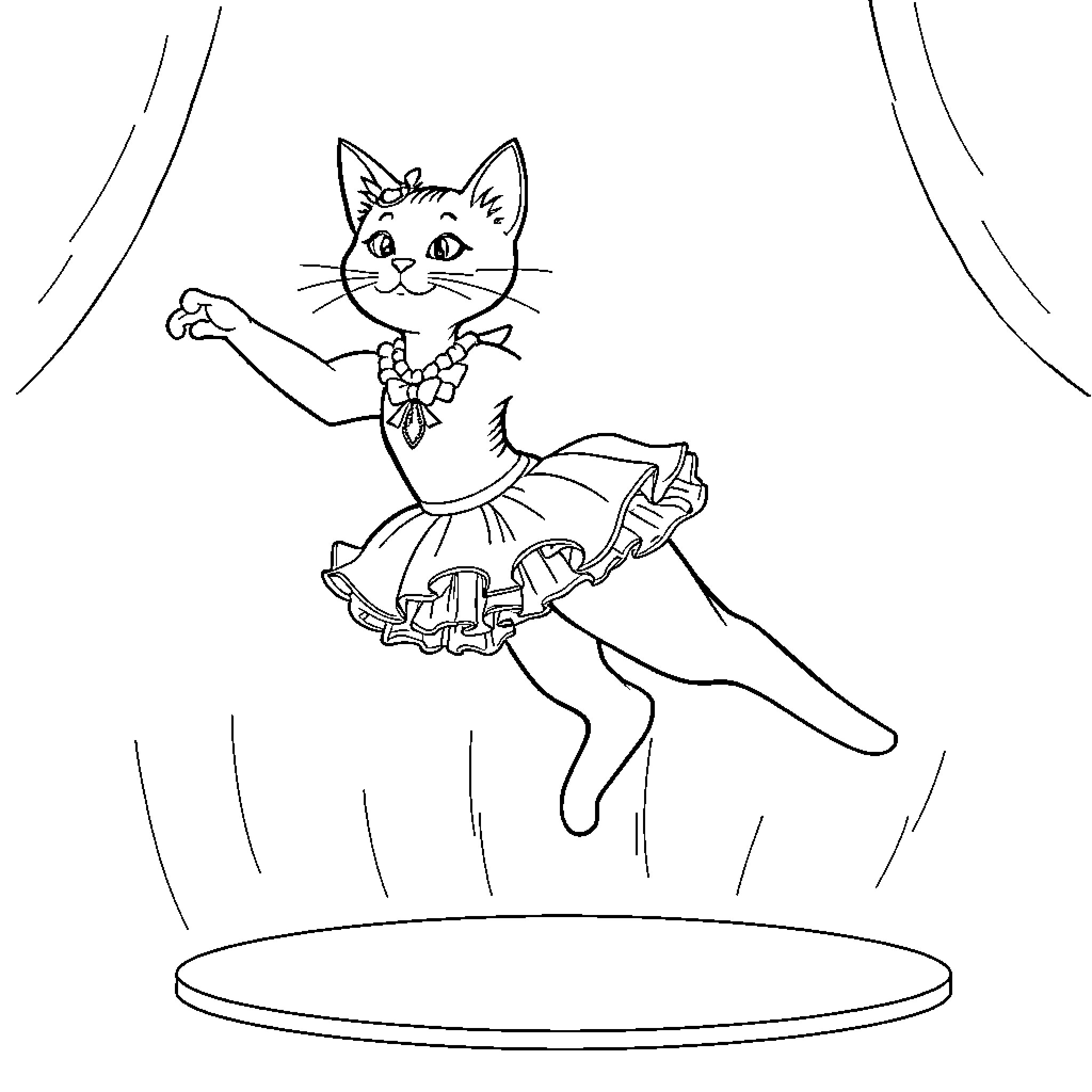 Cat performing on stage in costume Coloring Page (free black-and-white line drawing printable PDF for all, from beginners to advanced learners, including children, teens, adults, and seniors)