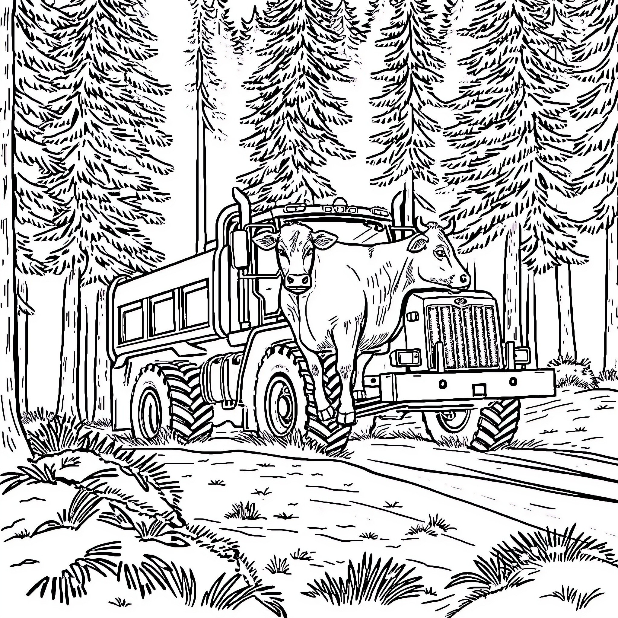 Manitou's Mighty Machinery in the Evergreen Forest Coloring Page (free black-and-white line drawing printable PDF for all, from beginners to advanced learners, including children, teens, adults, and seniors)