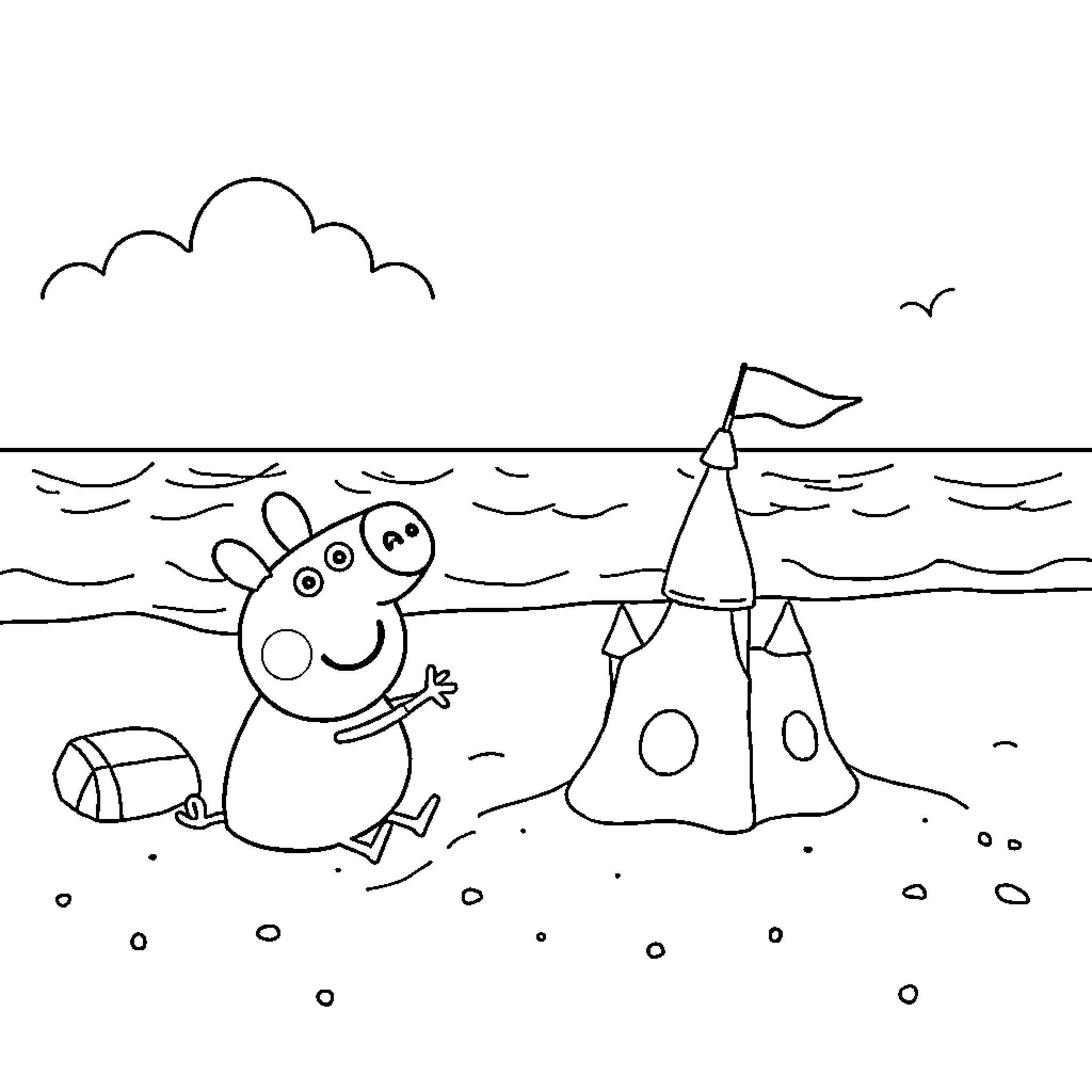 Peppa Pig playing at the beach with sand castle Coloring Page (free black-and-white line drawing printable PDF for all, from beginners to advanced learners, including children, teens, adults, and seniors)