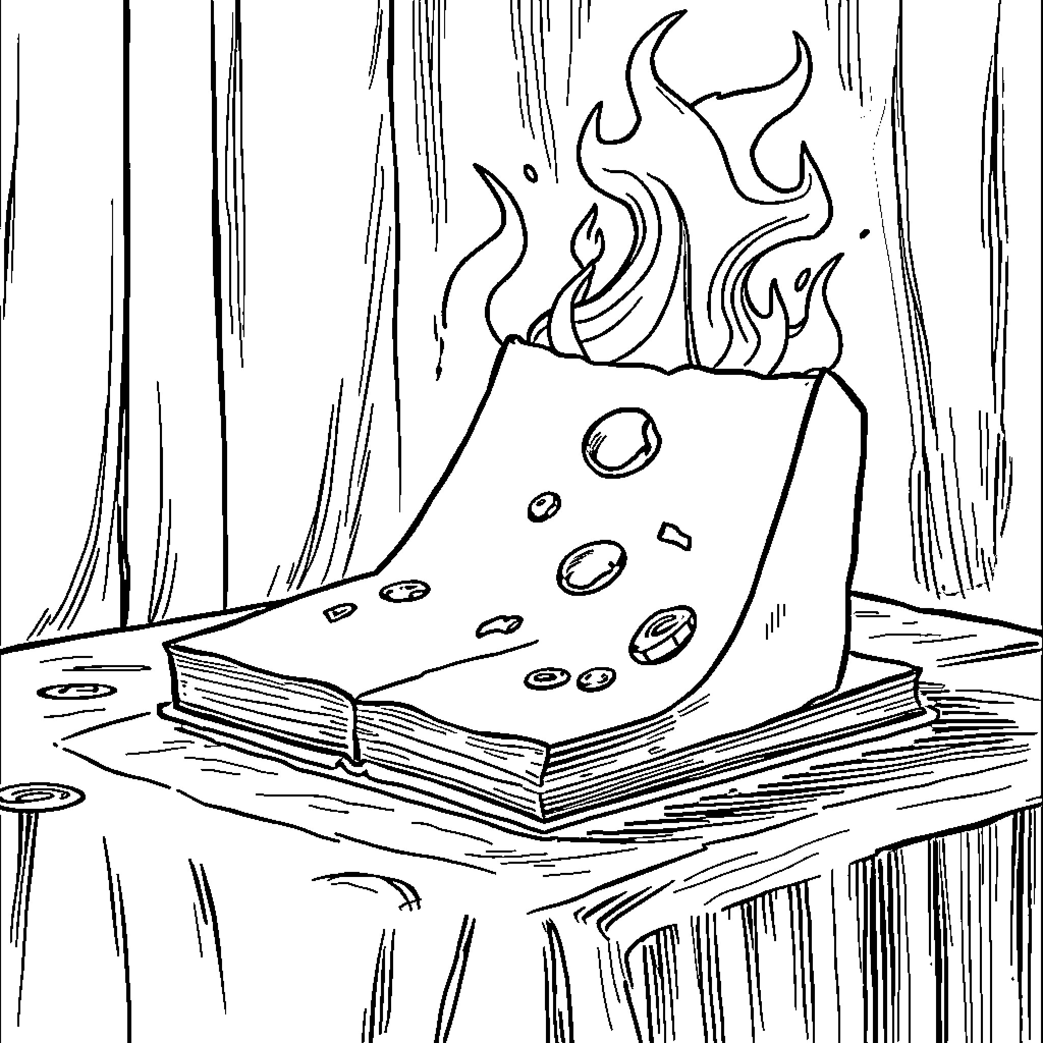 Book of Burning Knowledge Coloring Page (free black-and-white line drawing printable PDF for all, from beginners to advanced learners, including children, teens, adults, and seniors)