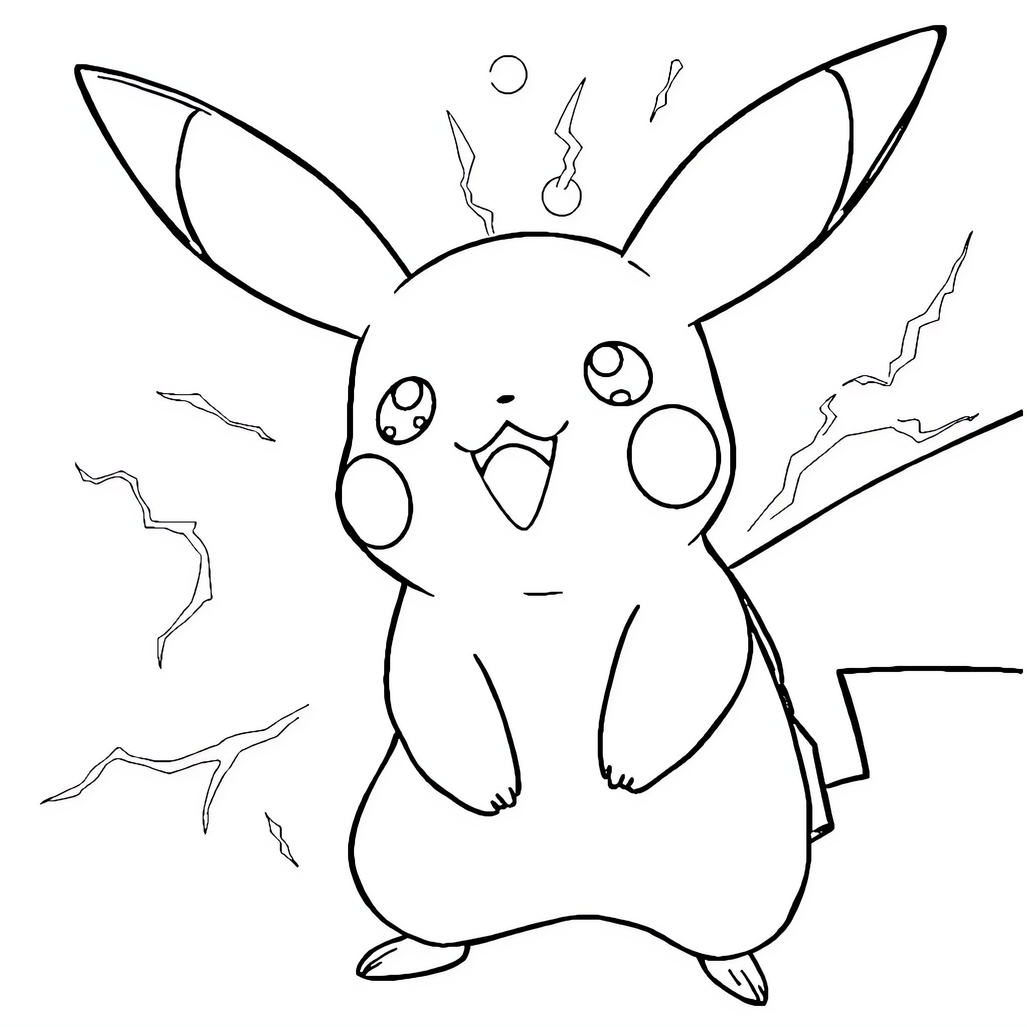 Pikachu using electric powers in a thunderstorm Coloring Page (free black-and-white line drawing printable PDF for all, from beginners to advanced learners, including children, teens, adults, and seniors)