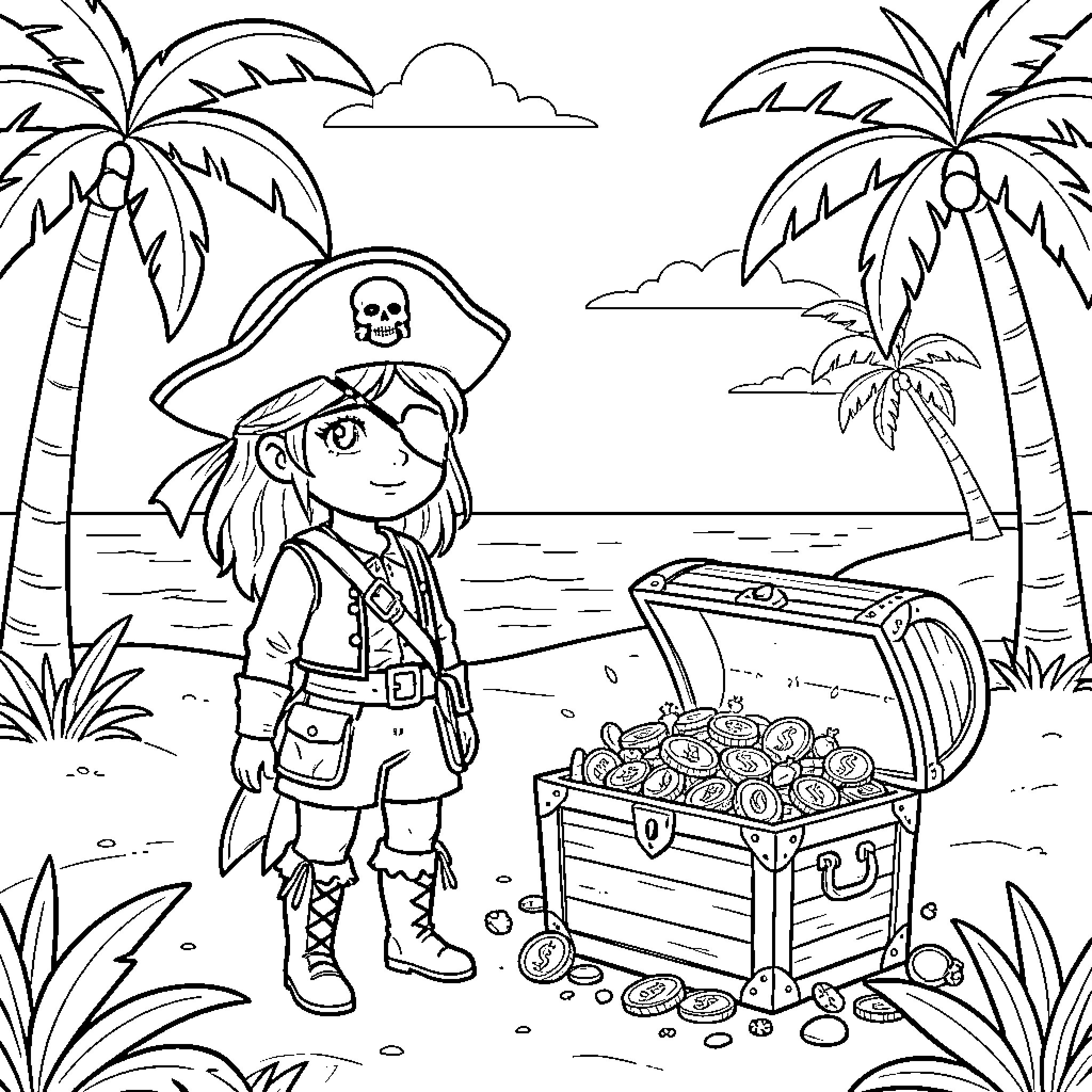 Pirate Girl Exploring Tropical Island with Treasure Chest Coloring Page (free black-and-white line drawing printable PDF for all, from beginners to advanced learners, including children, teens, adults, and seniors)