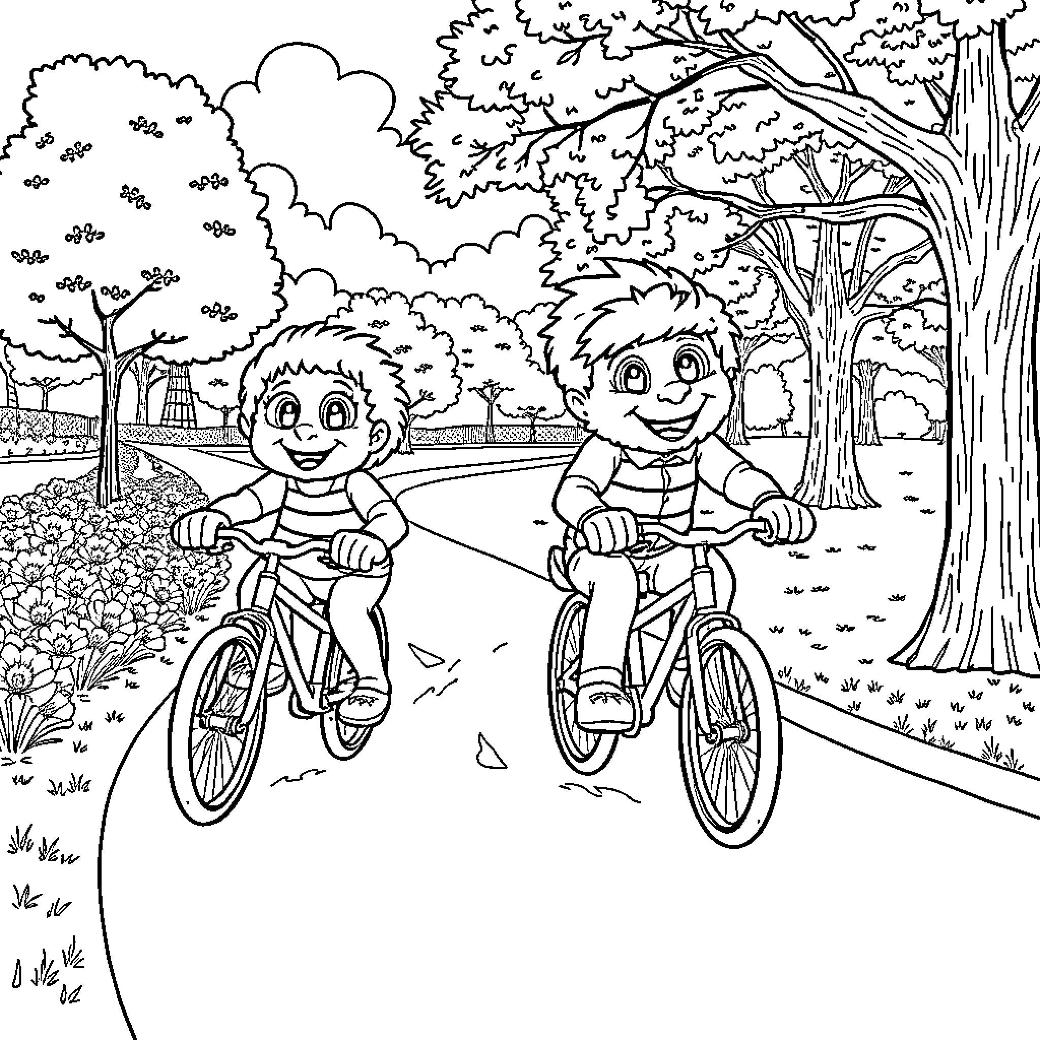 Gumball characters enjoying bike ride in the park Coloring Page (free black-and-white line drawing printable PDF for all, from beginners to advanced learners, including children, teens, adults, and seniors)