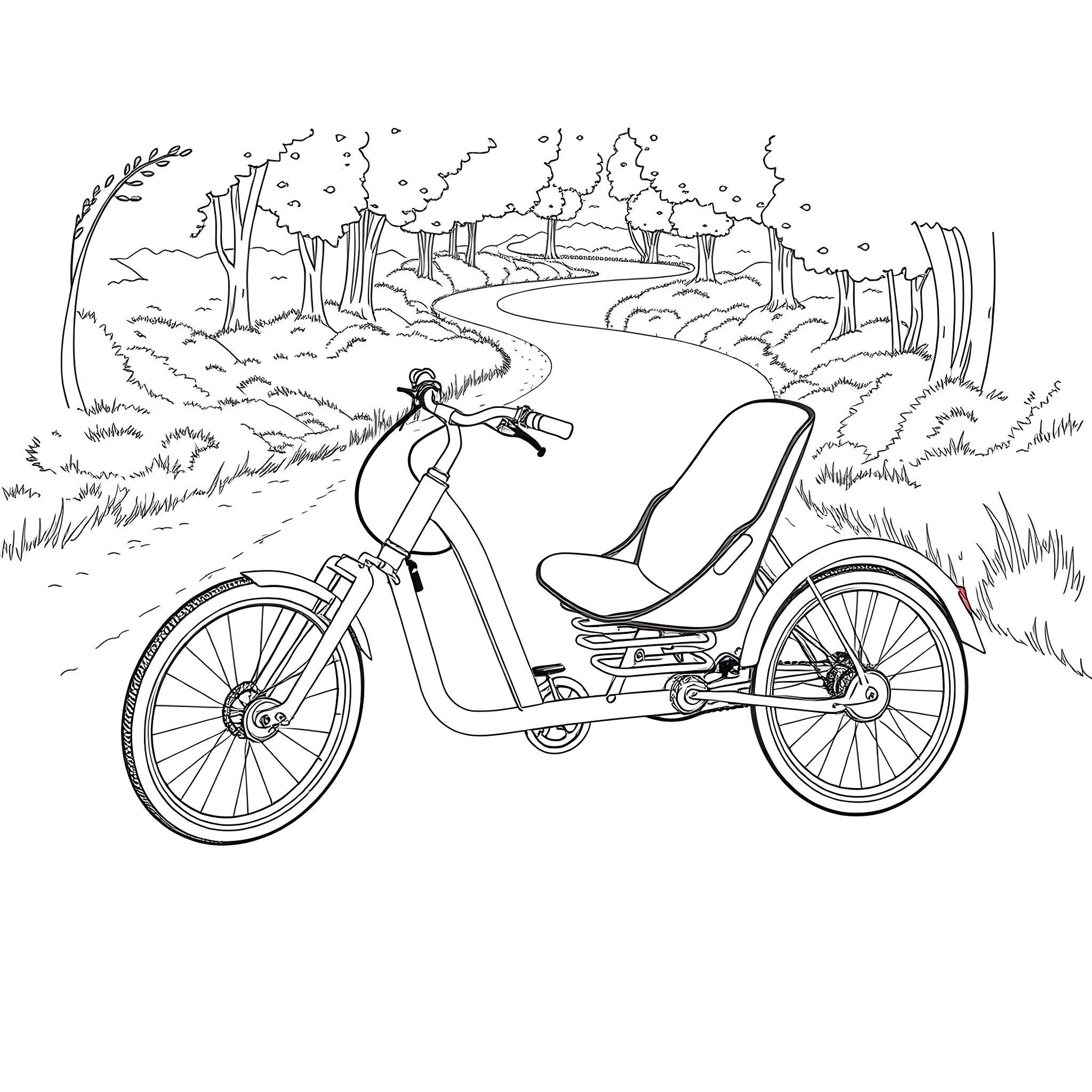 Trike riding through a scenic outdoor landscape Coloring Page (free black-and-white line drawing printable PDF for all, from beginners to advanced learners, including children, teens, adults, and seniors)