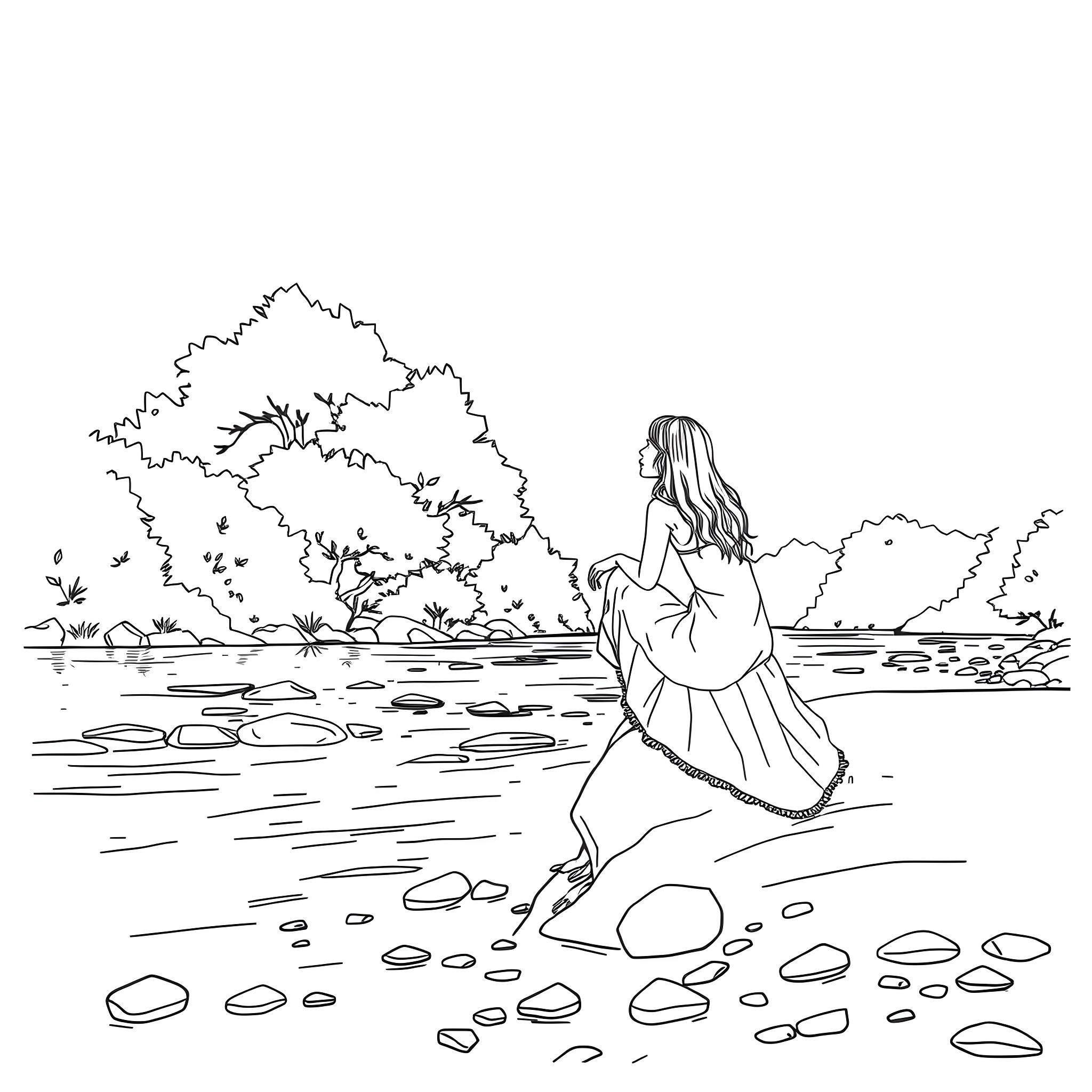 Woman walking by the lake in nature Coloring Page (free black-and-white line drawing printable PDF for all, from beginners to advanced learners, including children, teens, adults, and seniors)