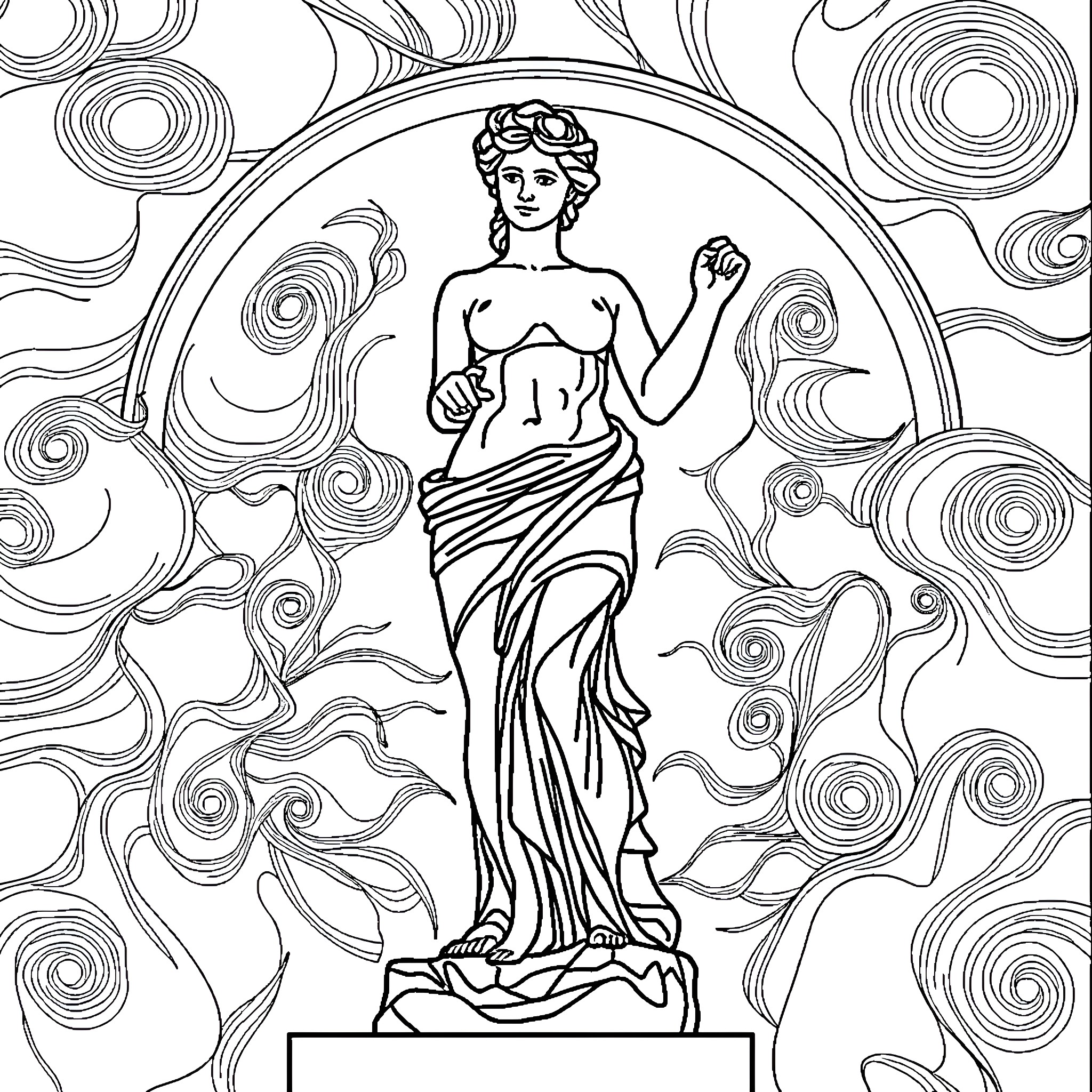 Gummi Venus de Milo posing in a swirling backdrop Coloring Page (free black-and-white line drawing printable PDF for all, from beginners to advanced learners, including children, teens, adults, and seniors)