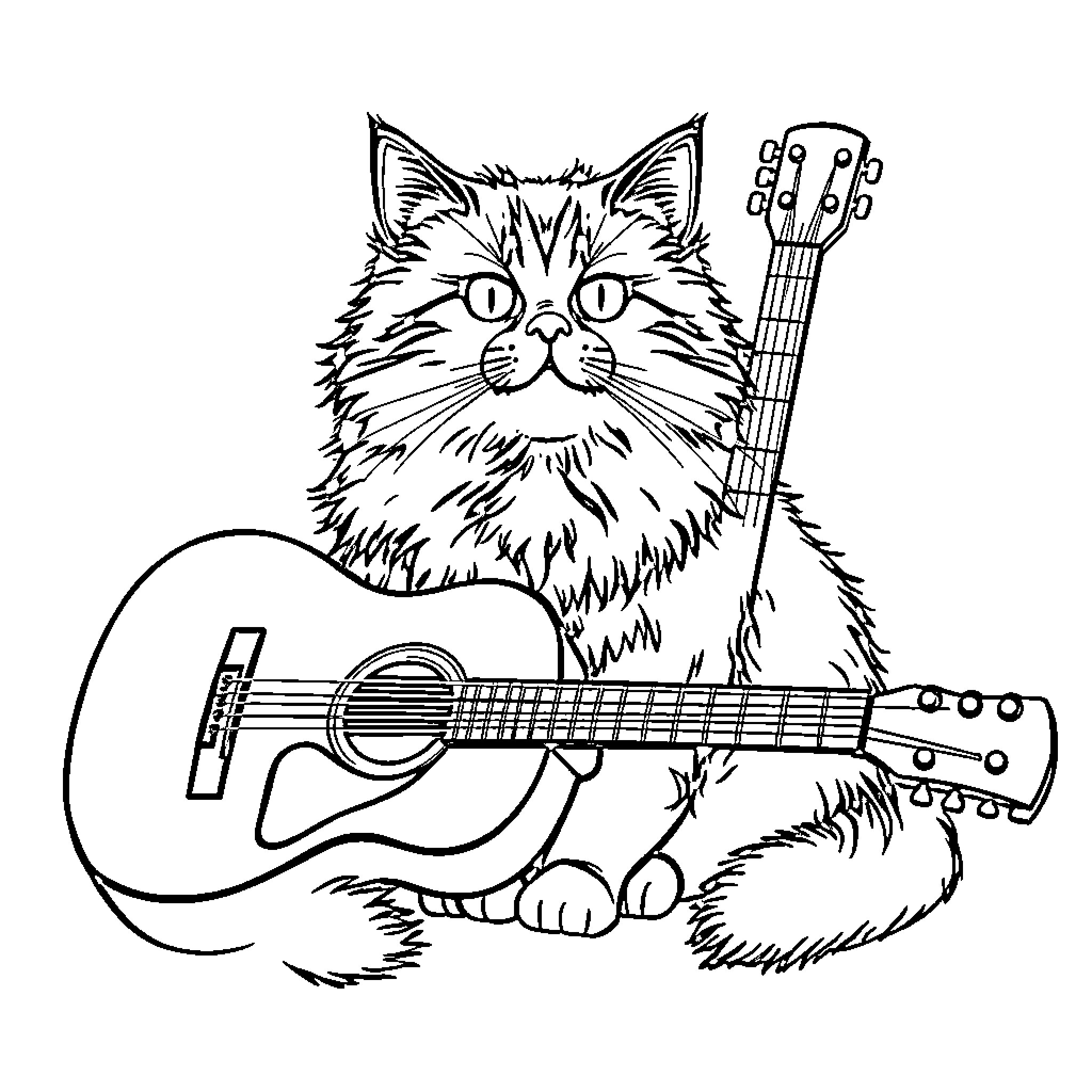 Cat playing guitar in artistic illustration Coloring Page (free black-and-white line drawing printable PDF for all, from beginners to advanced learners, including children, teens, adults, and seniors)