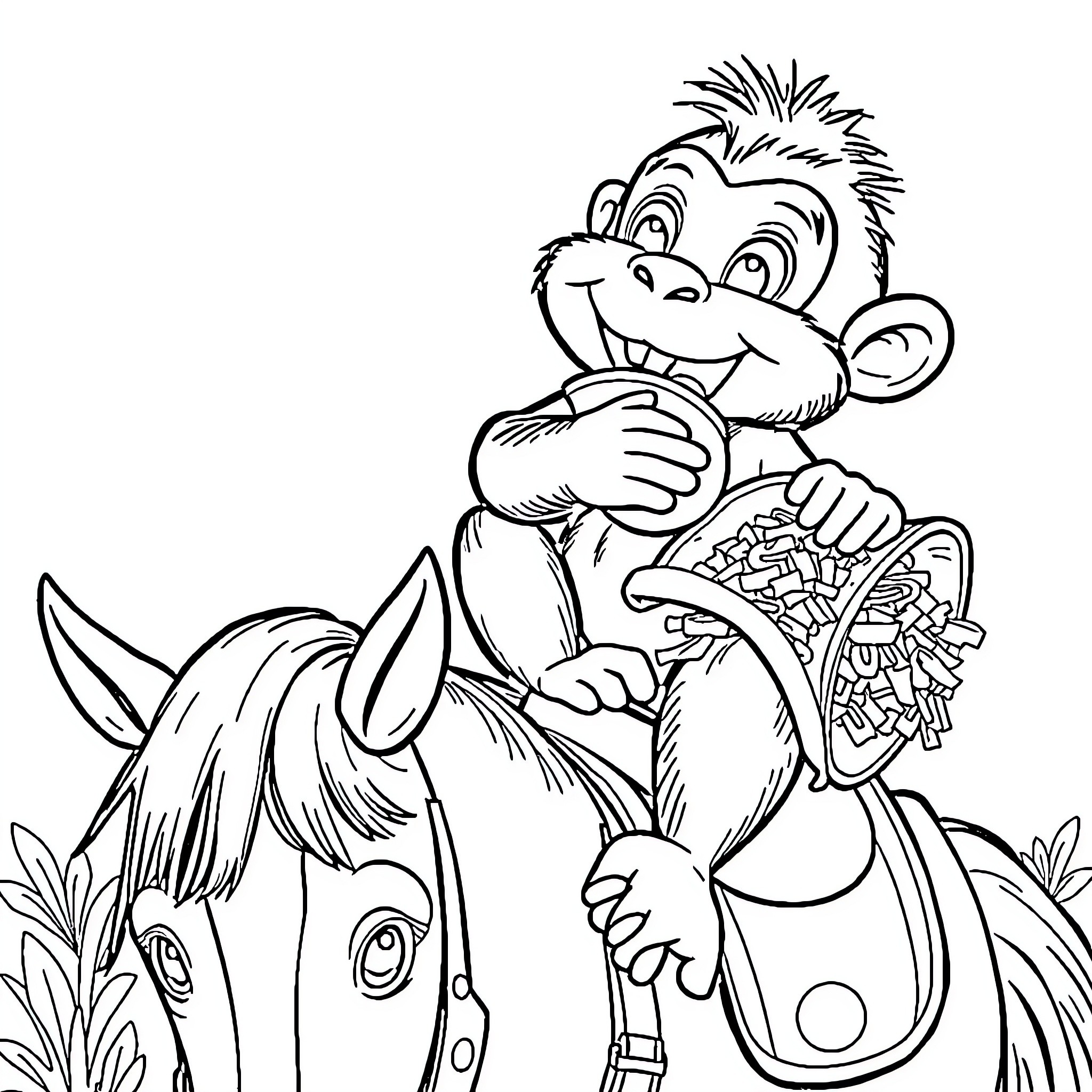 Monkey riding a horse and holding a bouquet Coloring Page (free black-and-white line drawing printable PDF for all, from beginners to advanced learners, including children, teens, adults, and seniors)