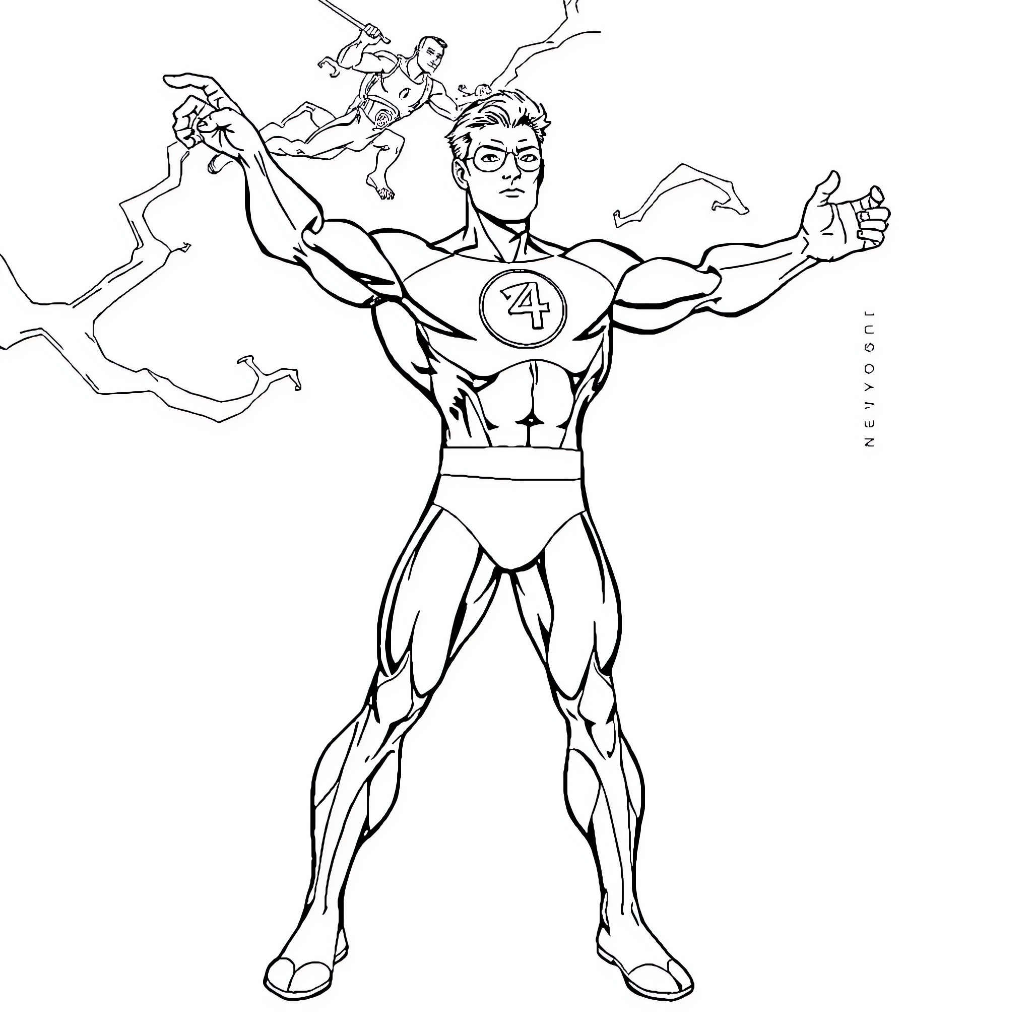 Mr. Fantastic posing heroically with companions Coloring Page (free black-and-white line drawing printable PDF for all, from beginners to advanced learners, including children, teens, adults, and seniors)