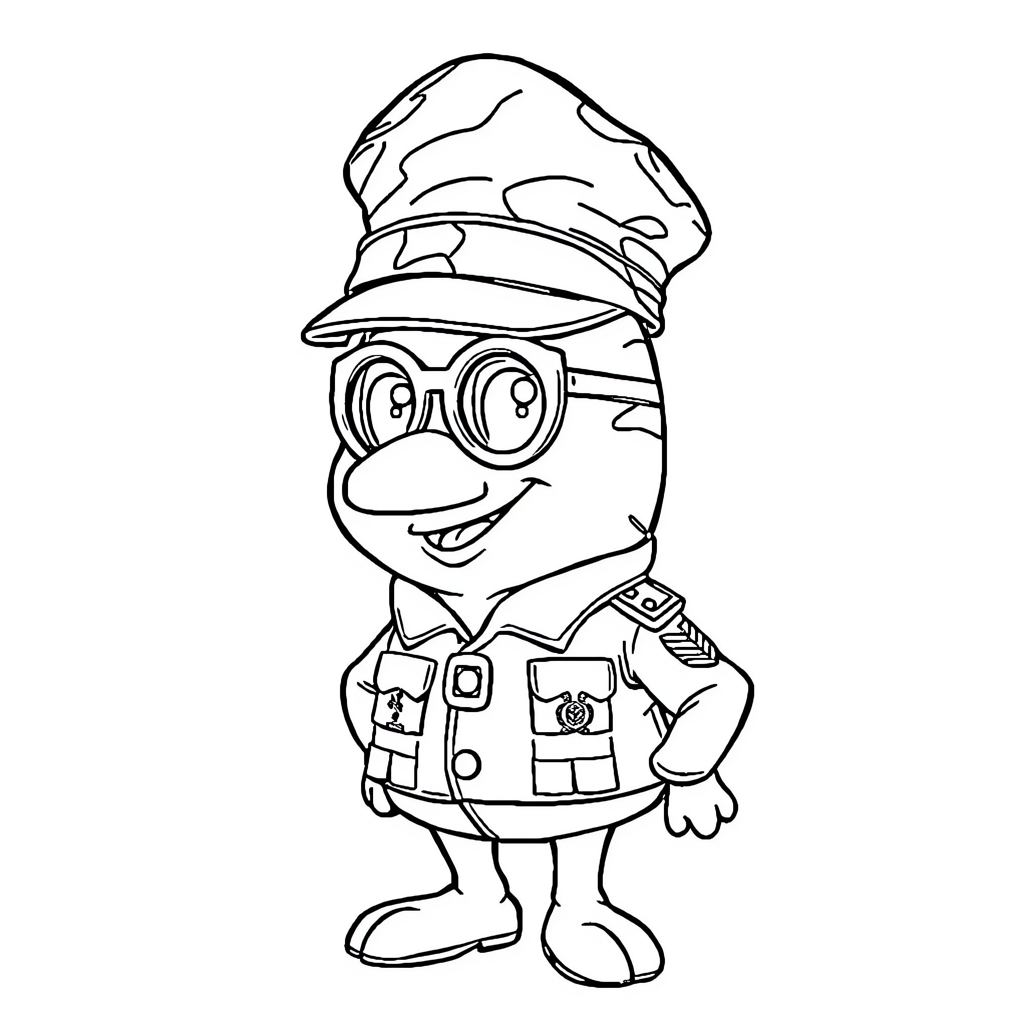 Spongebob cartoon character in police uniform Coloring Page (free black-and-white line drawing printable PDF for all, from beginners to advanced learners, including children, teens, adults, and seniors)
