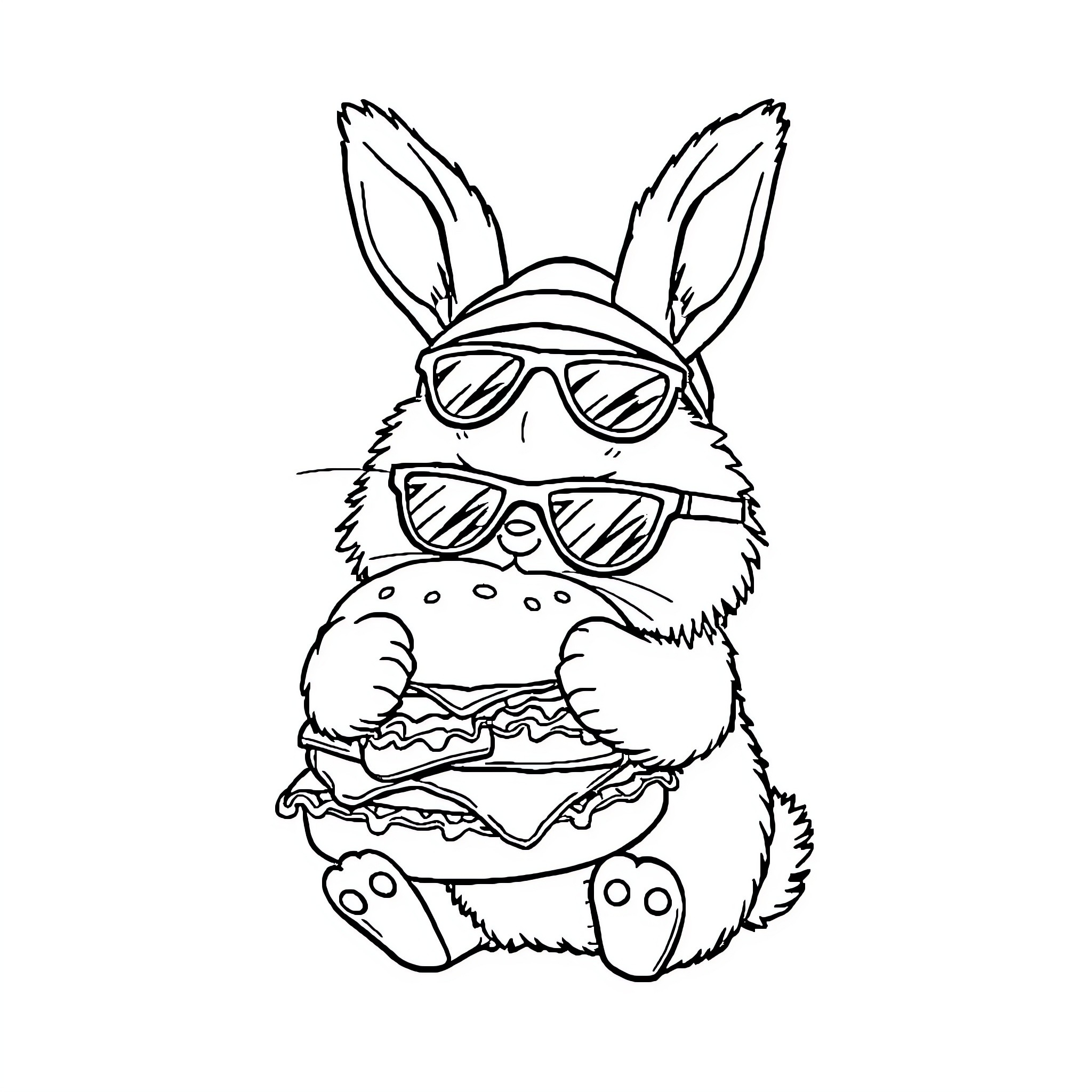 Bunny enjoying a cool burger in sunglasses Coloring Page (free black-and-white line drawing printable PDF for all, from beginners to advanced learners, including children, teens, adults, and seniors)