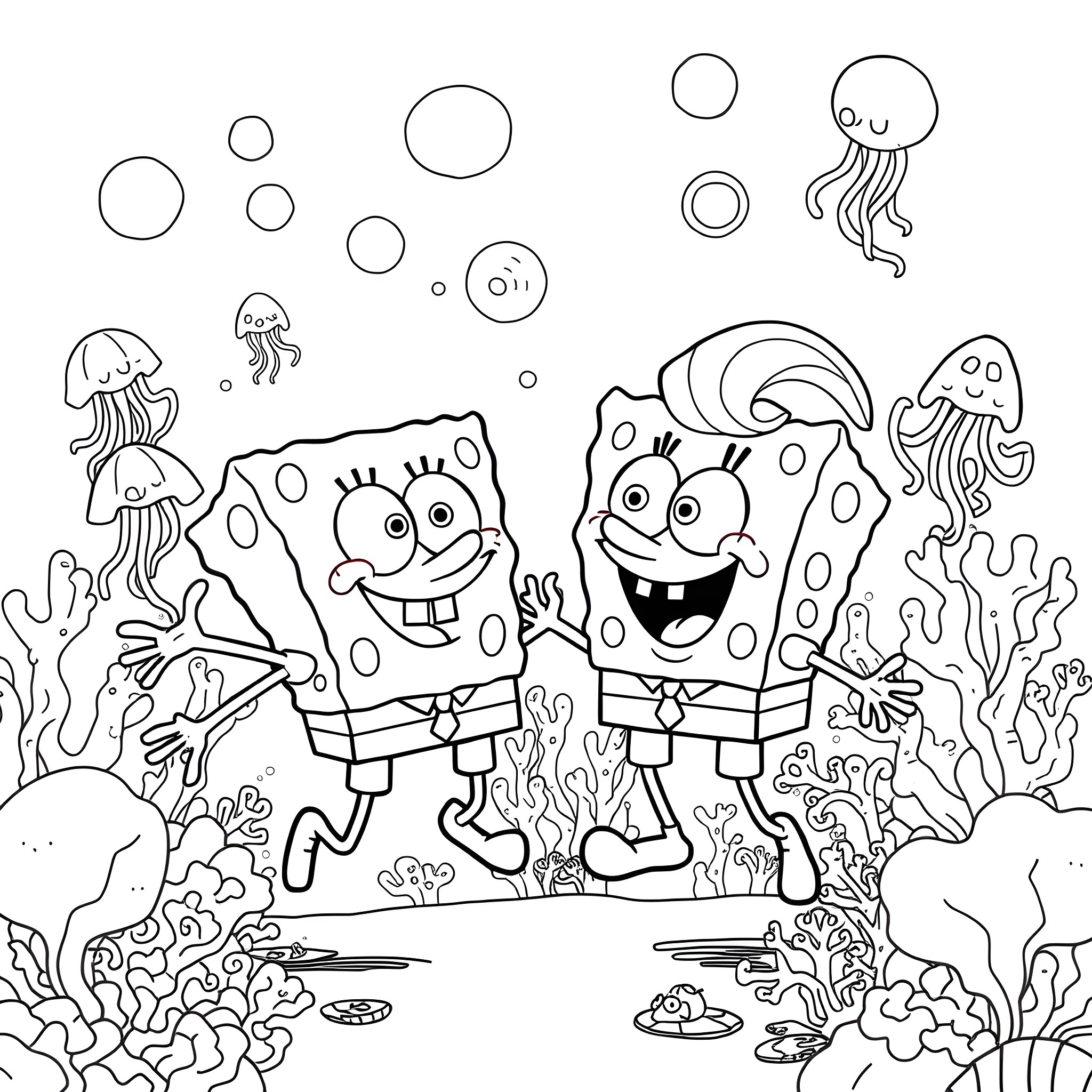 Spongebob and Patrick explore the underwater world Coloring Page (free black-and-white line drawing printable PDF for all, from beginners to advanced learners, including children, teens, adults, and seniors)