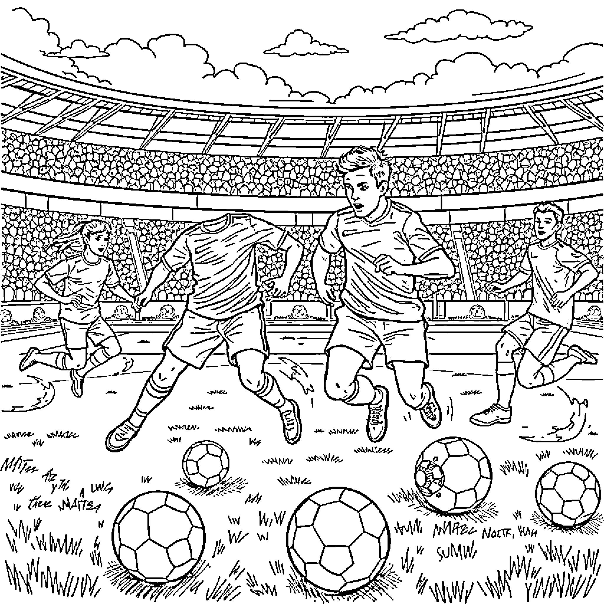 Football Players Competing Passionately on the Field Coloring Page (free black-and-white line drawing printable PDF for all, from beginners to advanced learners, including children, teens, adults, and seniors)