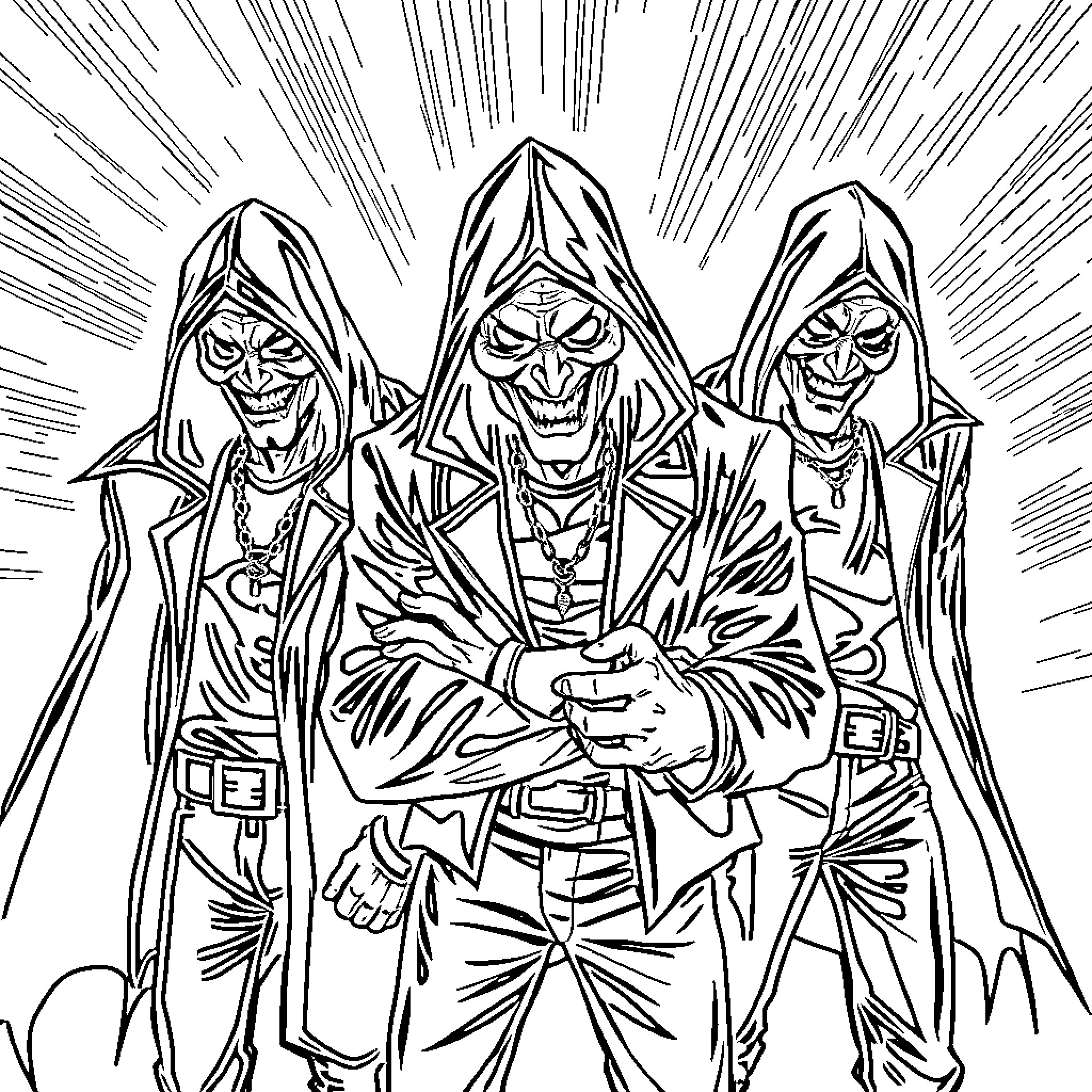 Villain Trio Conspiring in the Shadows Coloring Page (free black-and-white line drawing printable PDF for all, from beginners to advanced learners, including children, teens, adults, and seniors)