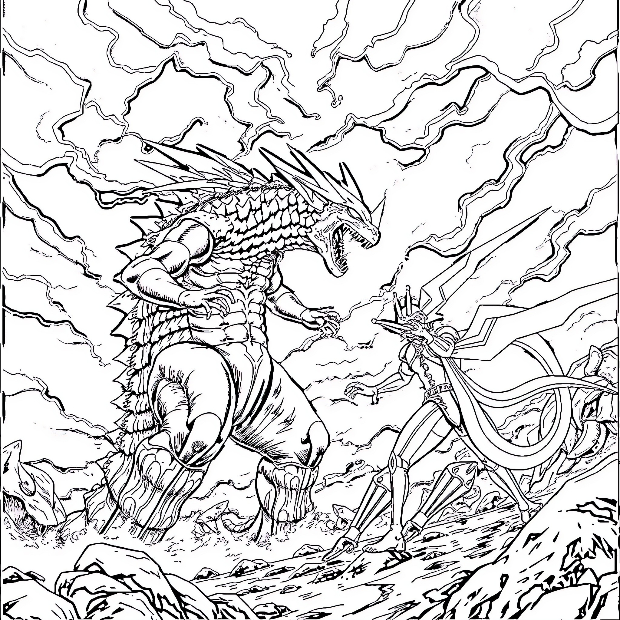 Monster dragon battling a mysterious warrior Coloring Page (free black-and-white line drawing printable PDF for all, from beginners to advanced learners, including children, teens, adults, and seniors)
