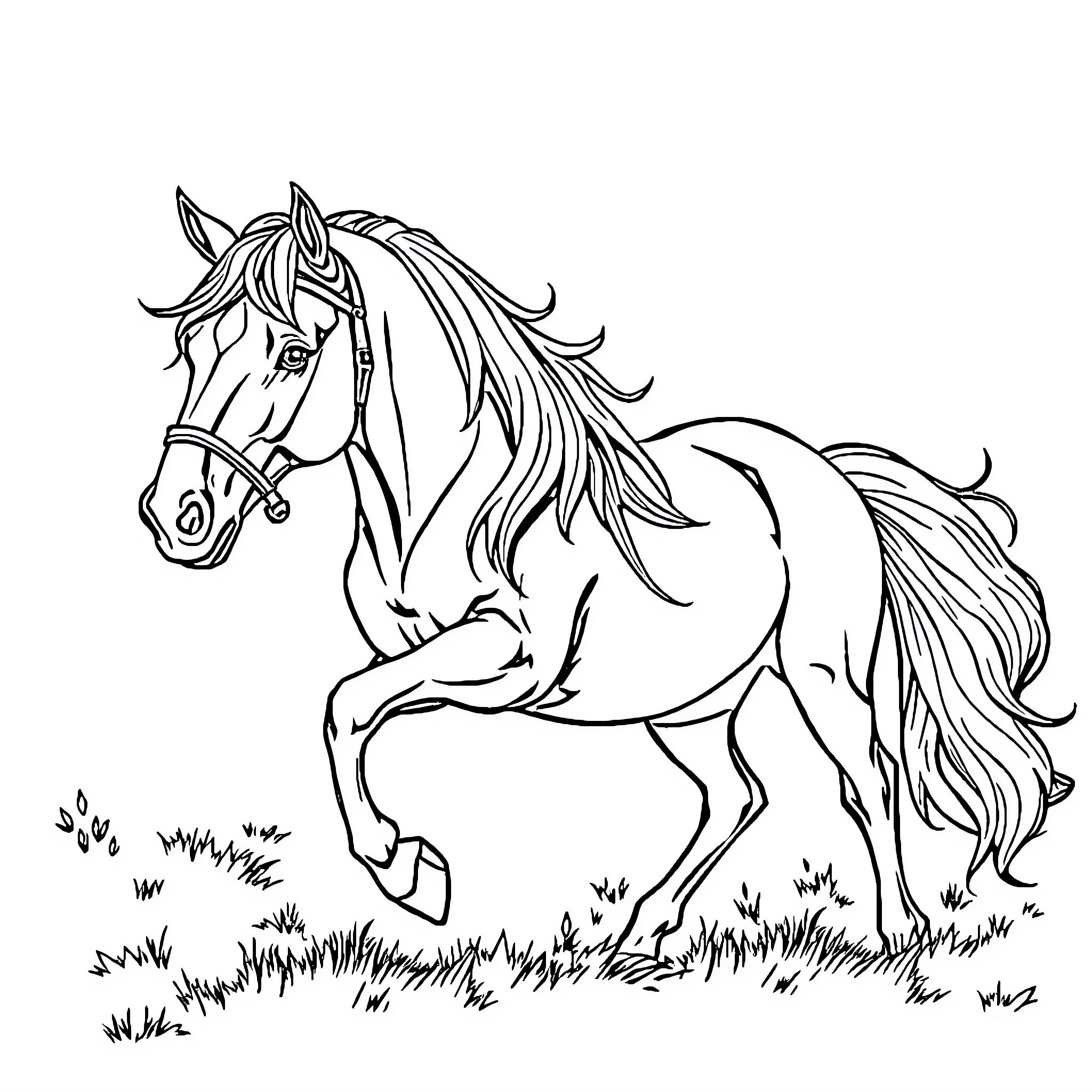 Templar Knight's Steed Galloping Through the Fields Coloring Page (free black-and-white line drawing printable PDF for all, from beginners to advanced learners, including children, teens, adults, and seniors)