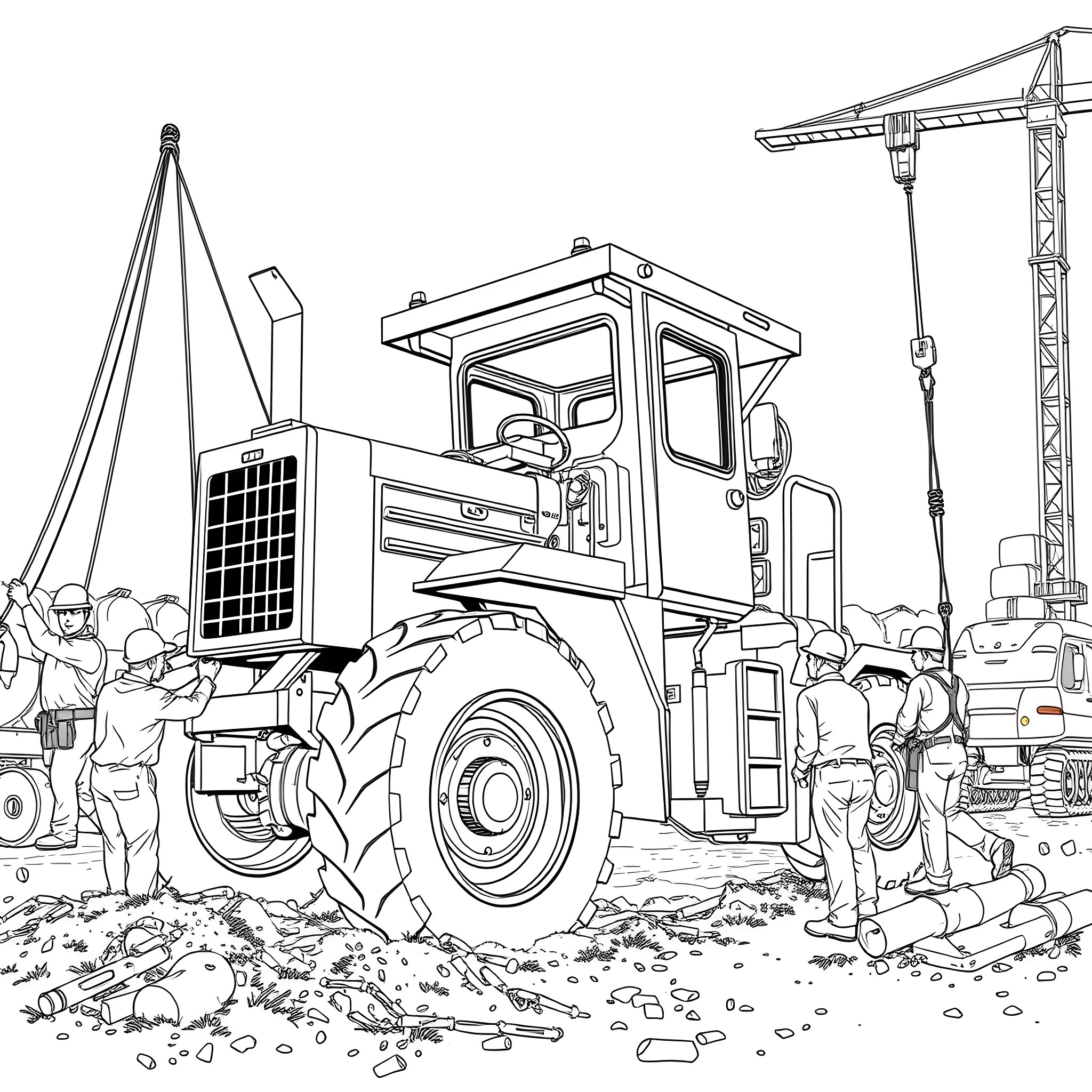 Hauling Heavy Machinery on a Construction Site Coloring Page (free black-and-white line drawing printable PDF for all, from beginners to advanced learners, including children, teens, adults, and seniors)