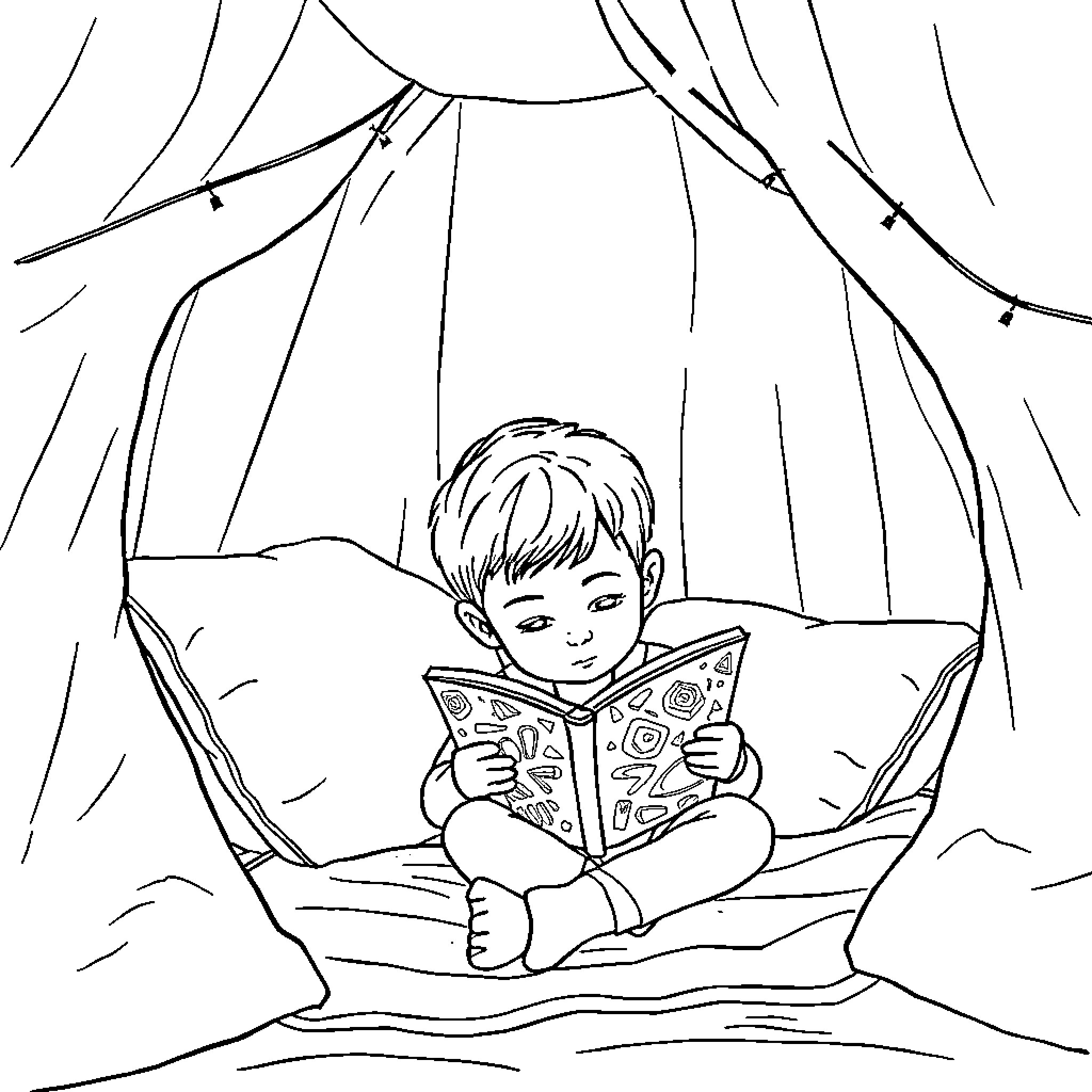 Boy reading a book on the bed Coloring Page (free black-and-white line drawing printable PDF for all, from beginners to advanced learners, including children, teens, adults, and seniors)