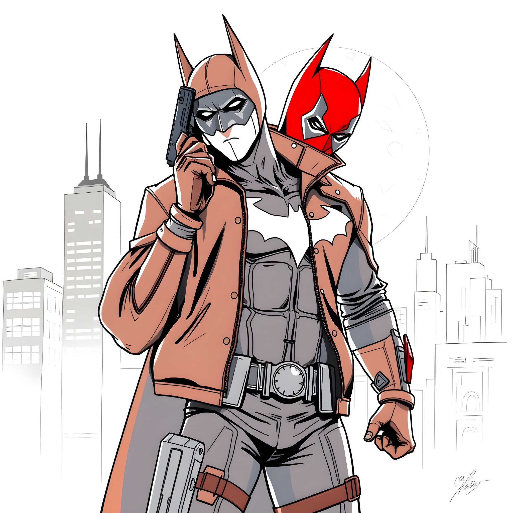 Red Hood Vigilante in Action with Cityscape Coloring Page (free black-and-white line drawing printable PDF for all, from beginners to advanced learners, including children, teens, adults, and seniors)