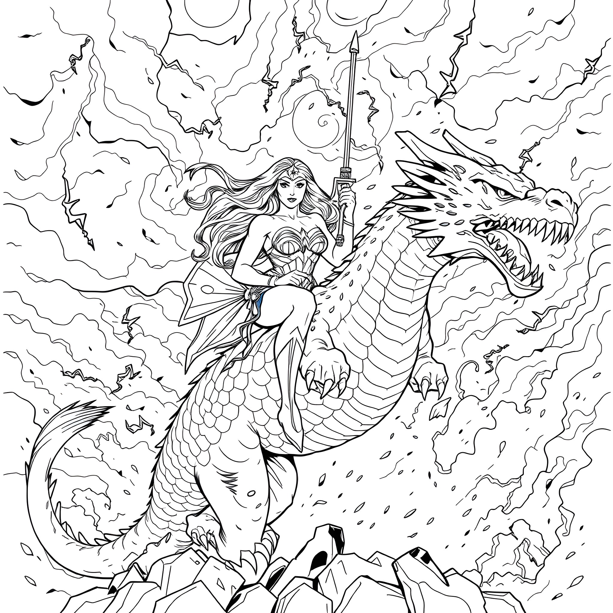 Wonder Woman riding a fierce dragon in an epic battle Coloring Page (free black-and-white line drawing printable PDF for all, from beginners to advanced learners, including children, teens, adults, and seniors)