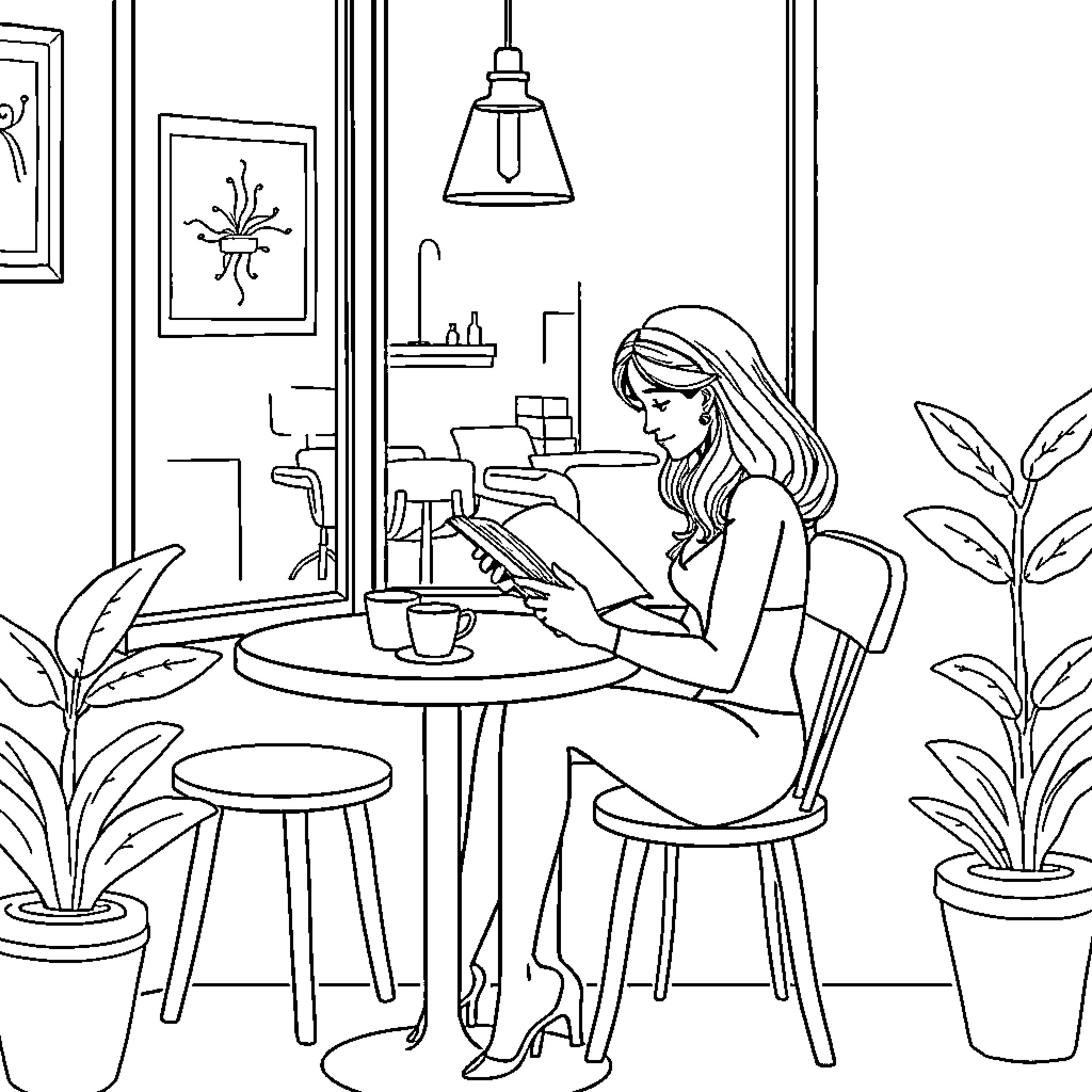 Lady Relaxing and Reading at Cafe Coloring Page (free black-and-white line drawing printable PDF for all, from beginners to advanced learners, including children, teens, adults, and seniors)