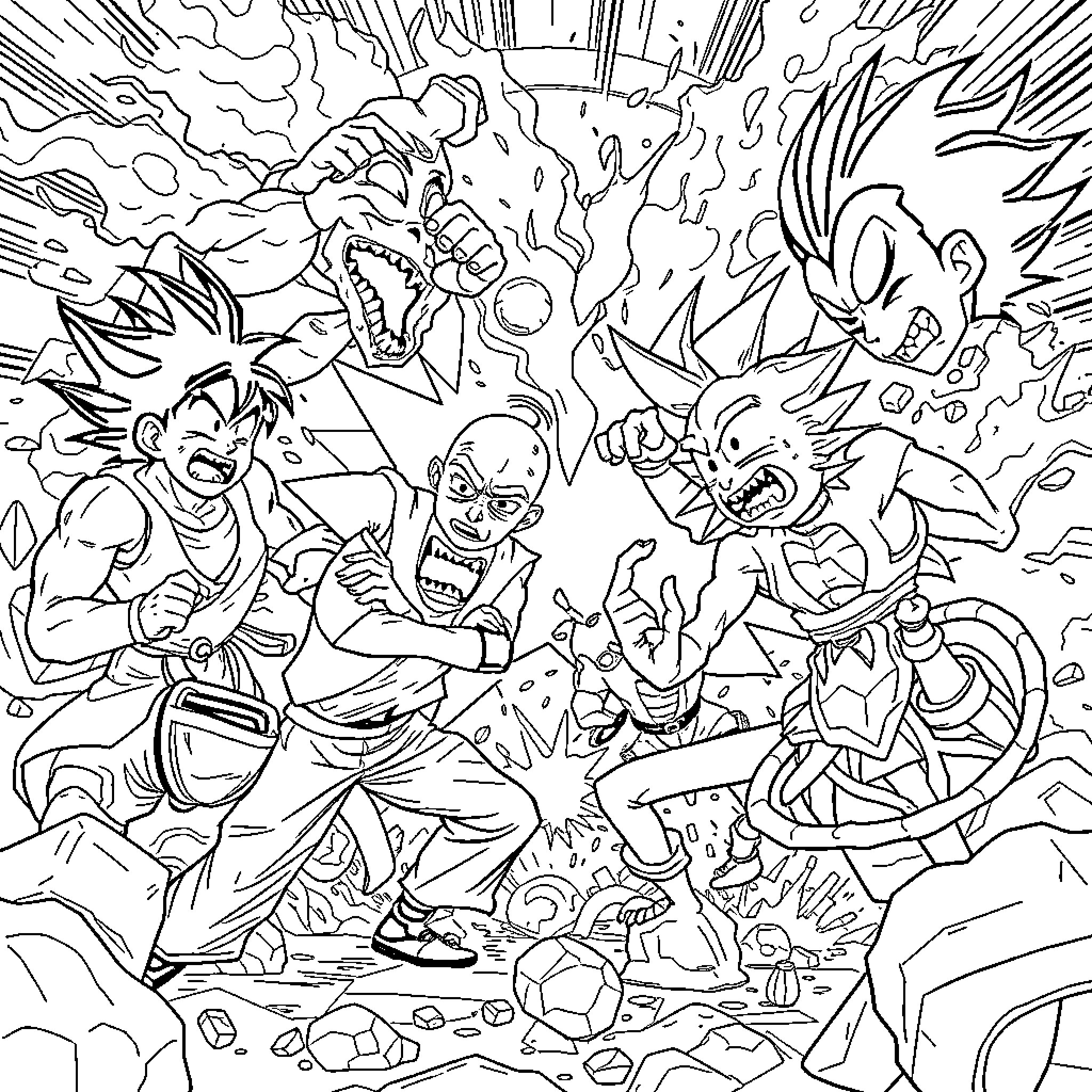 Dragonball Characters in Intense Battle Coloring Page (free black-and-white line drawing printable PDF for all, from beginners to advanced learners, including children, teens, adults, and seniors)