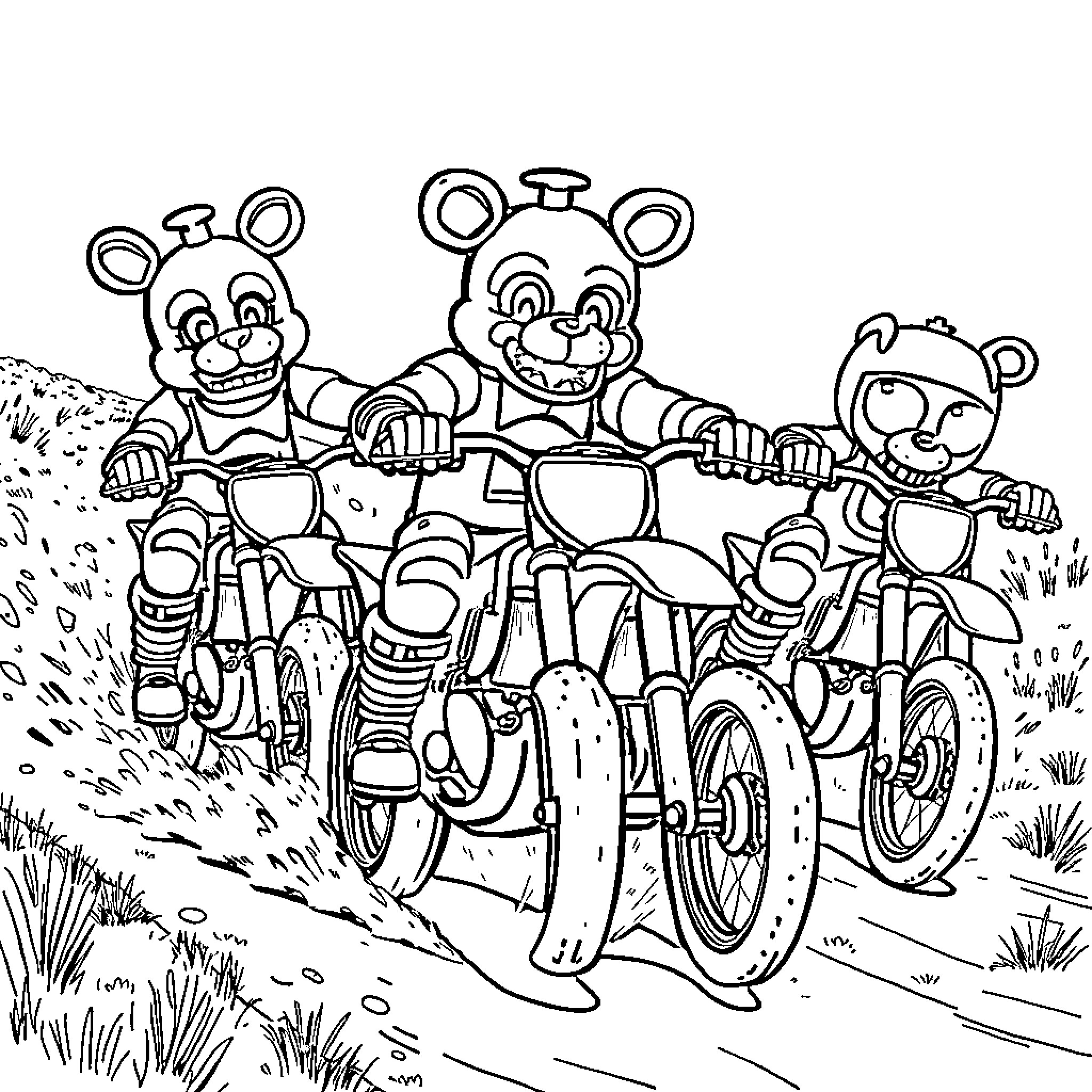 Five Nights At Freddy's Characters Riding Motorcycles Coloring Page (free black-and-white line drawing printable PDF for all, from beginners to advanced learners, including children, teens, adults, and seniors)