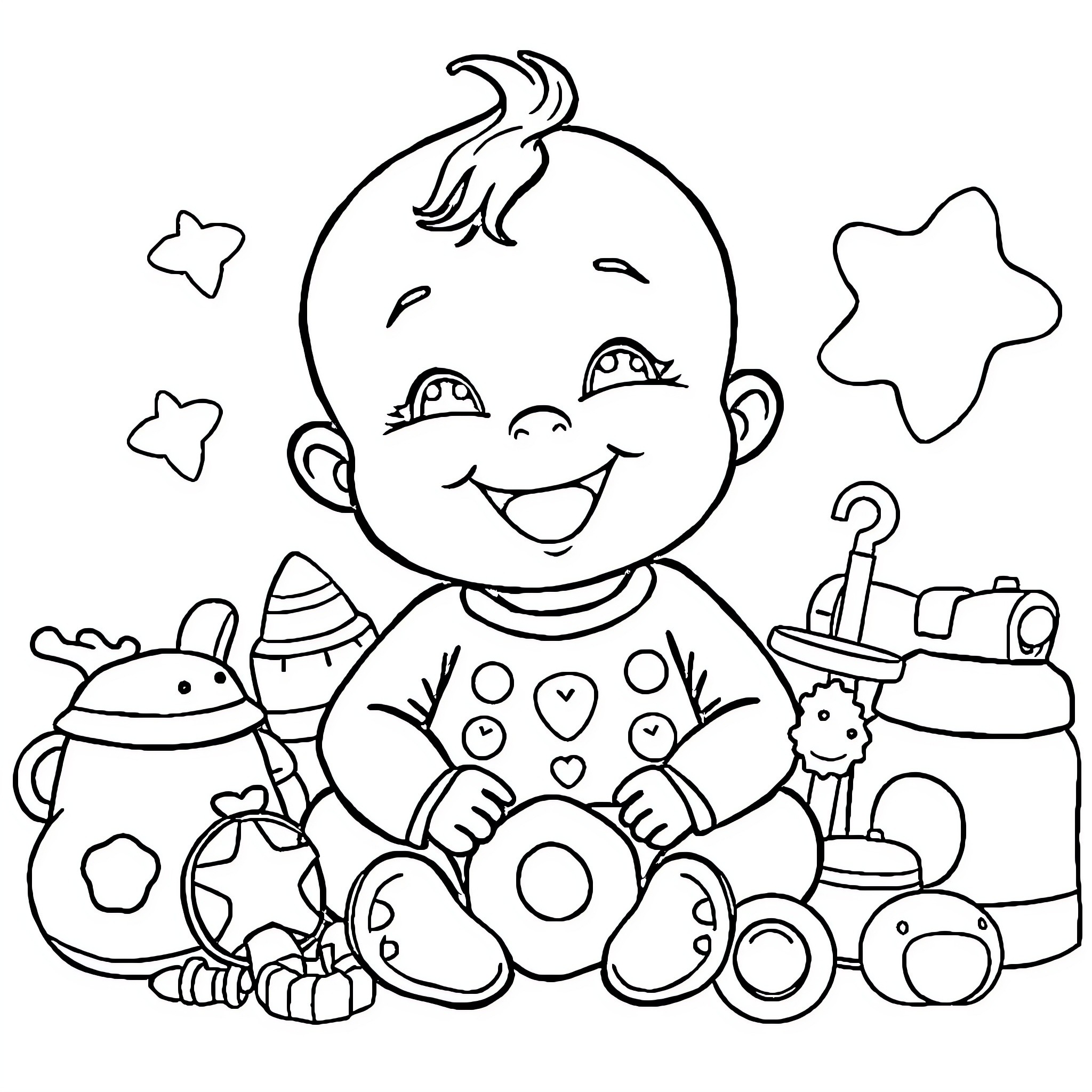 Bebe playing with toys and stuffed animals Coloring Page (free black-and-white line drawing printable PDF for all, from beginners to advanced learners, including children, teens, adults, and seniors)