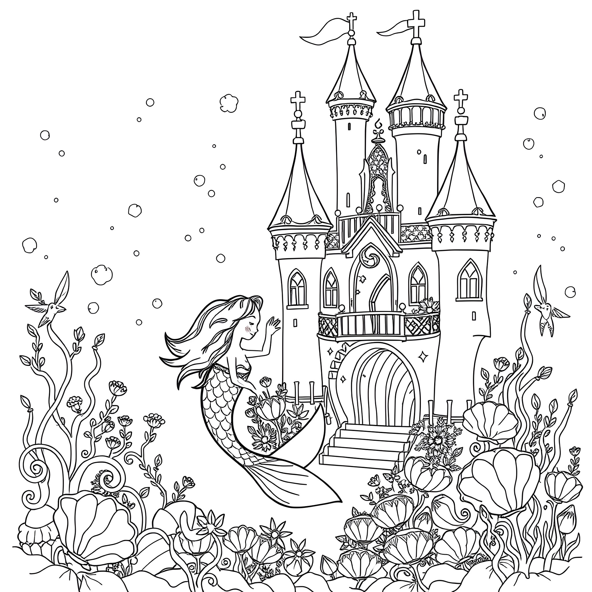 Mermaid admiring a magical castle in the ocean Coloring Page (free black-and-white line drawing printable PDF for all, from beginners to advanced learners, including children, teens, adults, and seniors)