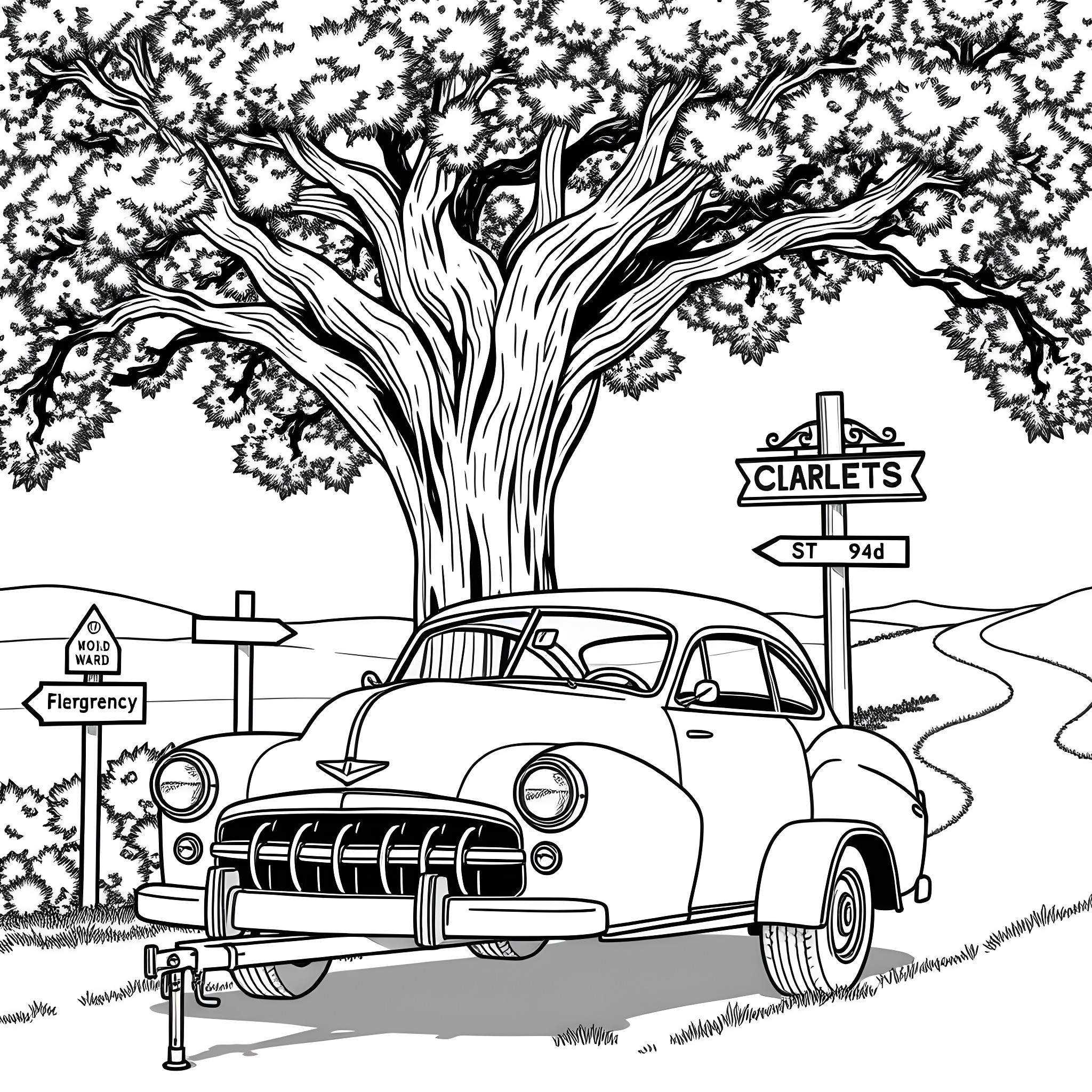 Car parked on a country road under a tree Coloring Page (free black-and-white line drawing printable PDF for all, from beginners to advanced learners, including children, teens, adults, and seniors)