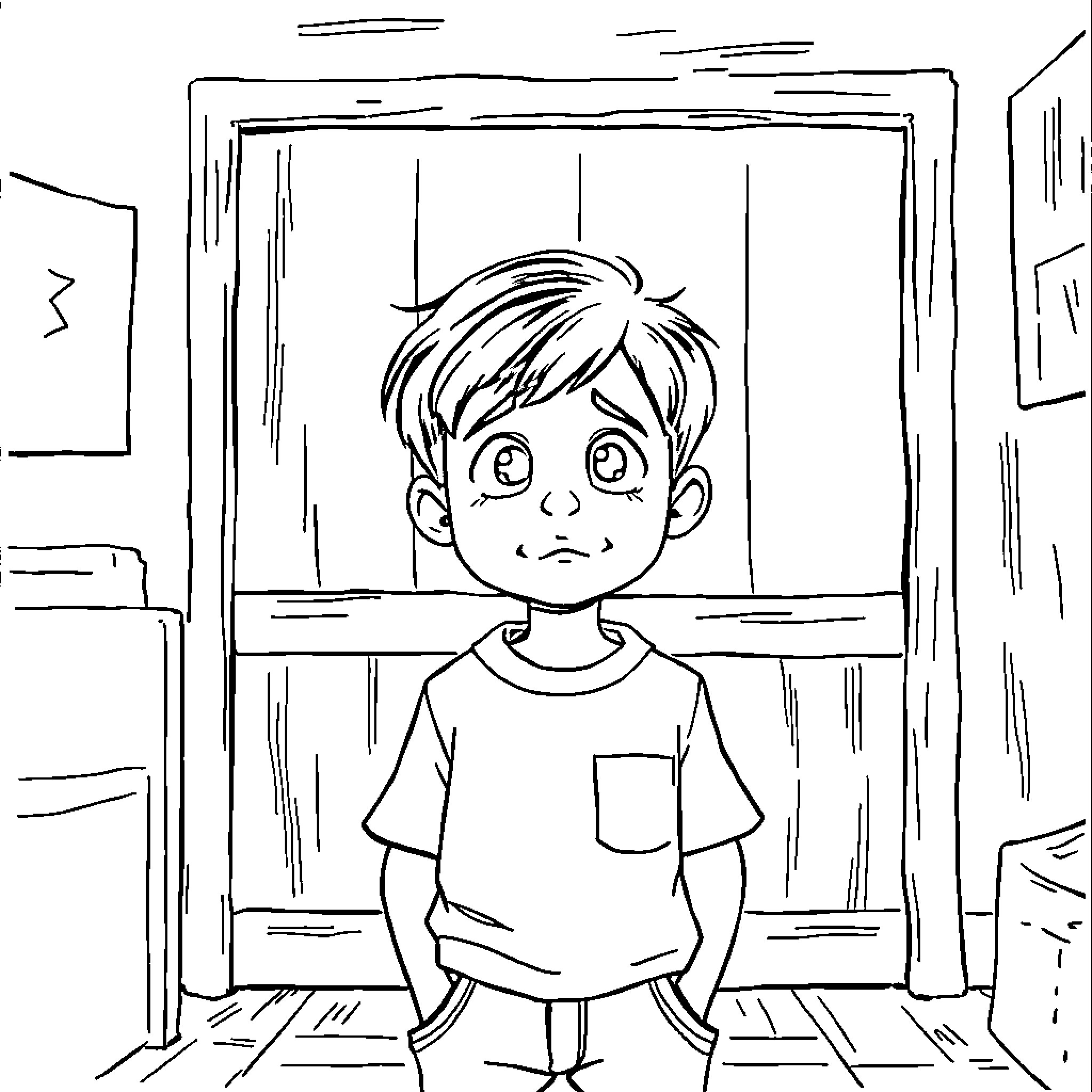 Will Byers looking distressed in his room Coloring Page (free black-and-white line drawing printable PDF for all, from beginners to advanced learners, including children, teens, adults, and seniors)