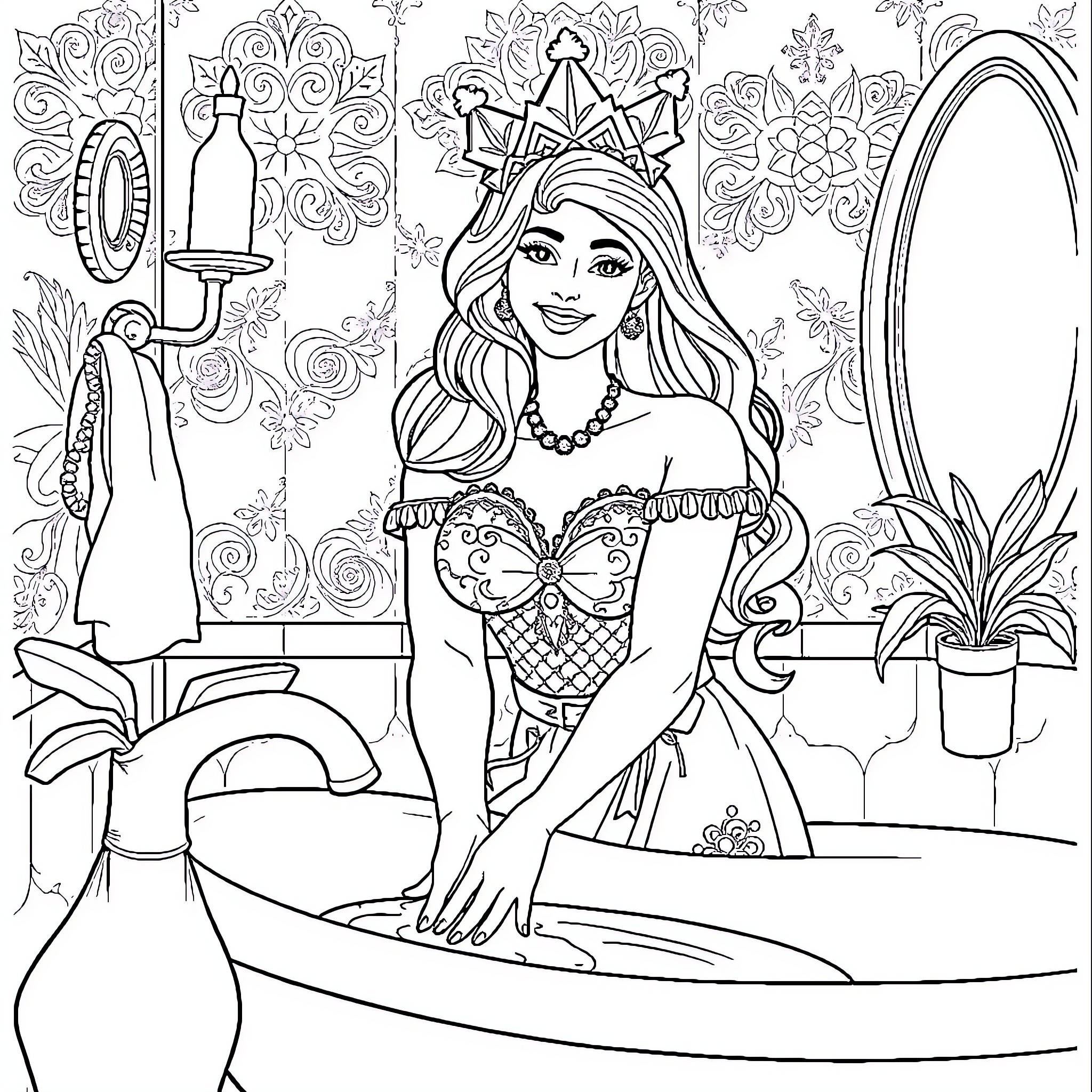 Wonder Woman poses stylishly in a luxurious dressing room Coloring Page (free black-and-white line drawing printable PDF for all, from beginners to advanced learners, including children, teens, adults, and seniors)