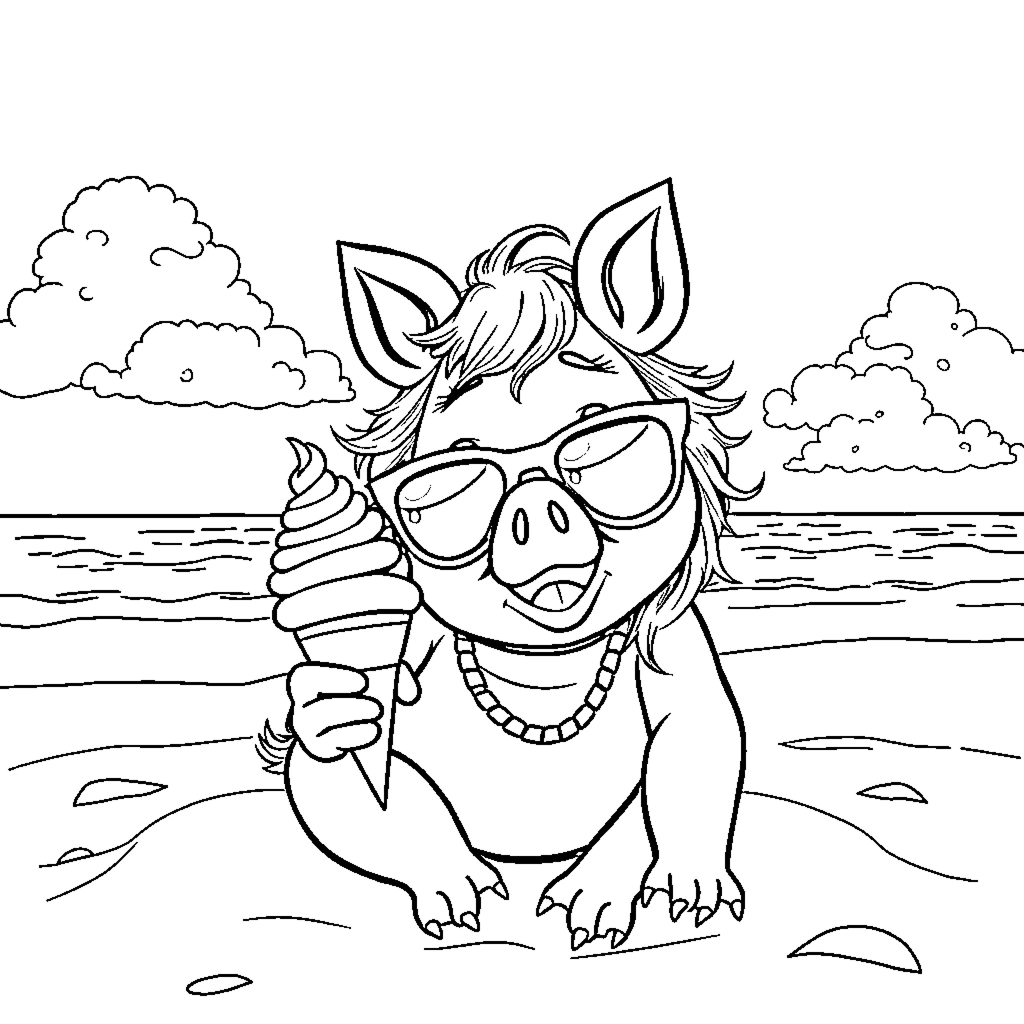 Miss Piggy enjoying an ice cream by the beach Coloring Page (free black-and-white line drawing printable PDF for all, from beginners to advanced learners, including children, teens, adults, and seniors)
