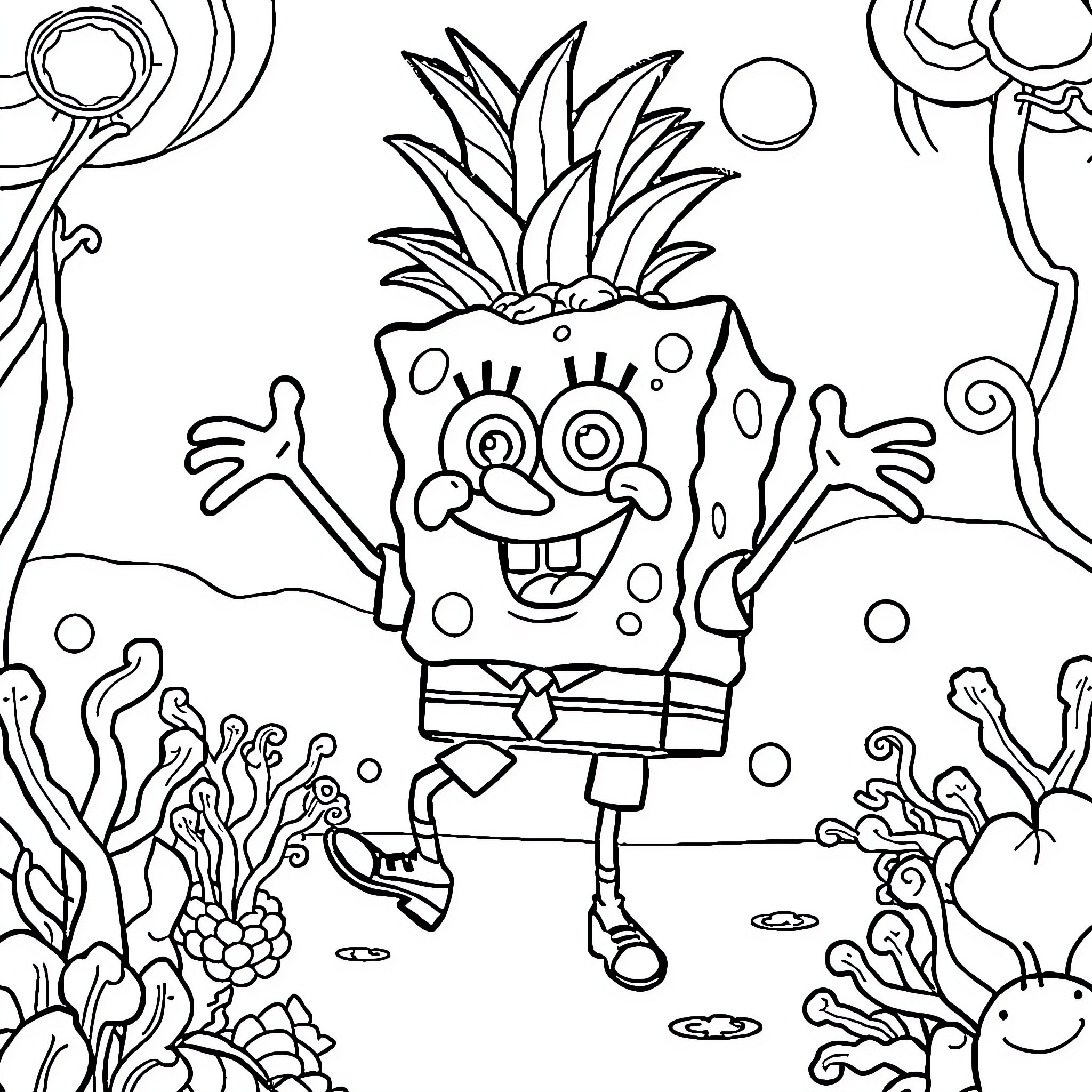 Spongebob exploring the underwater world Coloring Page (free black-and-white line drawing printable PDF for all, from beginners to advanced learners, including children, teens, adults, and seniors)