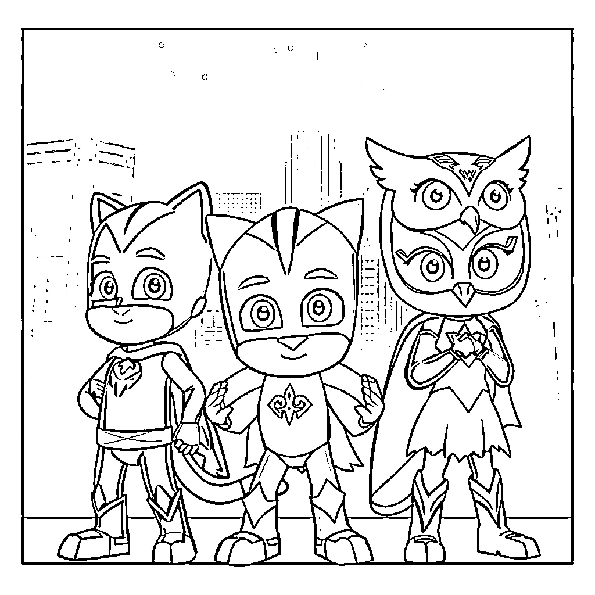 PJ Masks characters in action poses Coloring Page (free black-and-white line drawing printable PDF for all, from beginners to advanced learners, including children, teens, adults, and seniors)