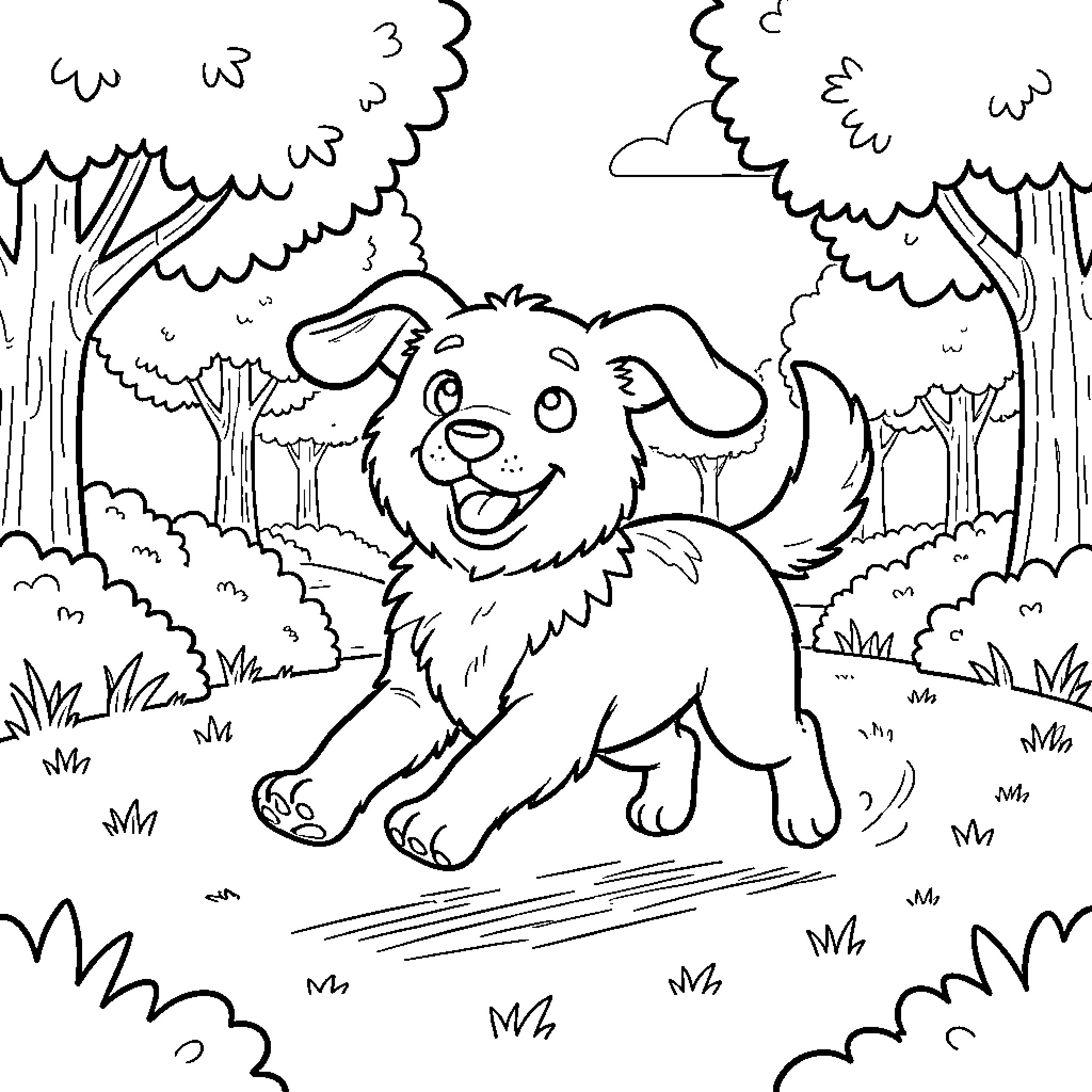 Dog running happily through a forest clearing Coloring Page (free black-and-white line drawing printable PDF for all, from beginners to advanced learners, including children, teens, adults, and seniors)