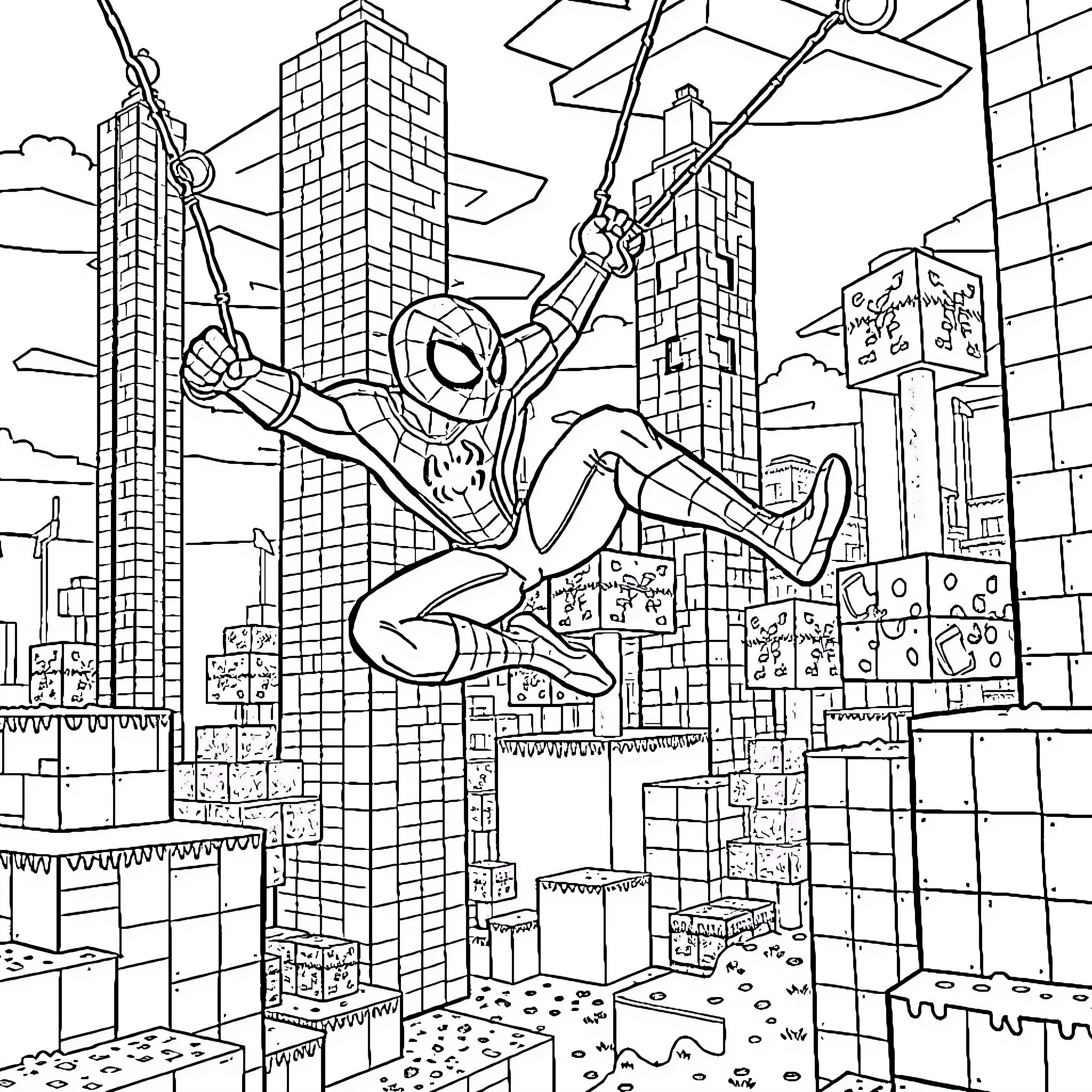 Spiderman swinging through the city skyline Coloring Page (free black-and-white line drawing printable PDF for all, from beginners to advanced learners, including children, teens, adults, and seniors)