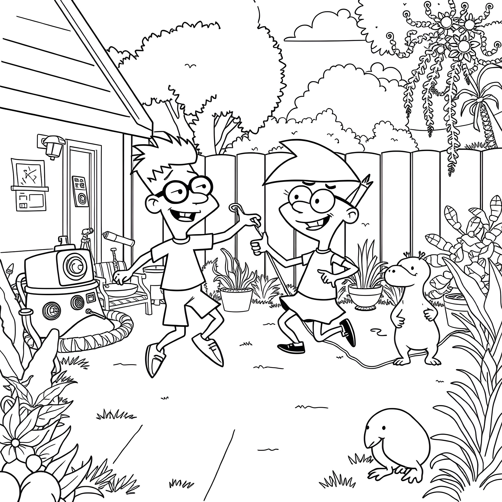 Phineas and Ferb's Outdoor Adventure Coloring Page (free black-and-white line drawing printable PDF for all, from beginners to advanced learners, including children, teens, adults, and seniors)