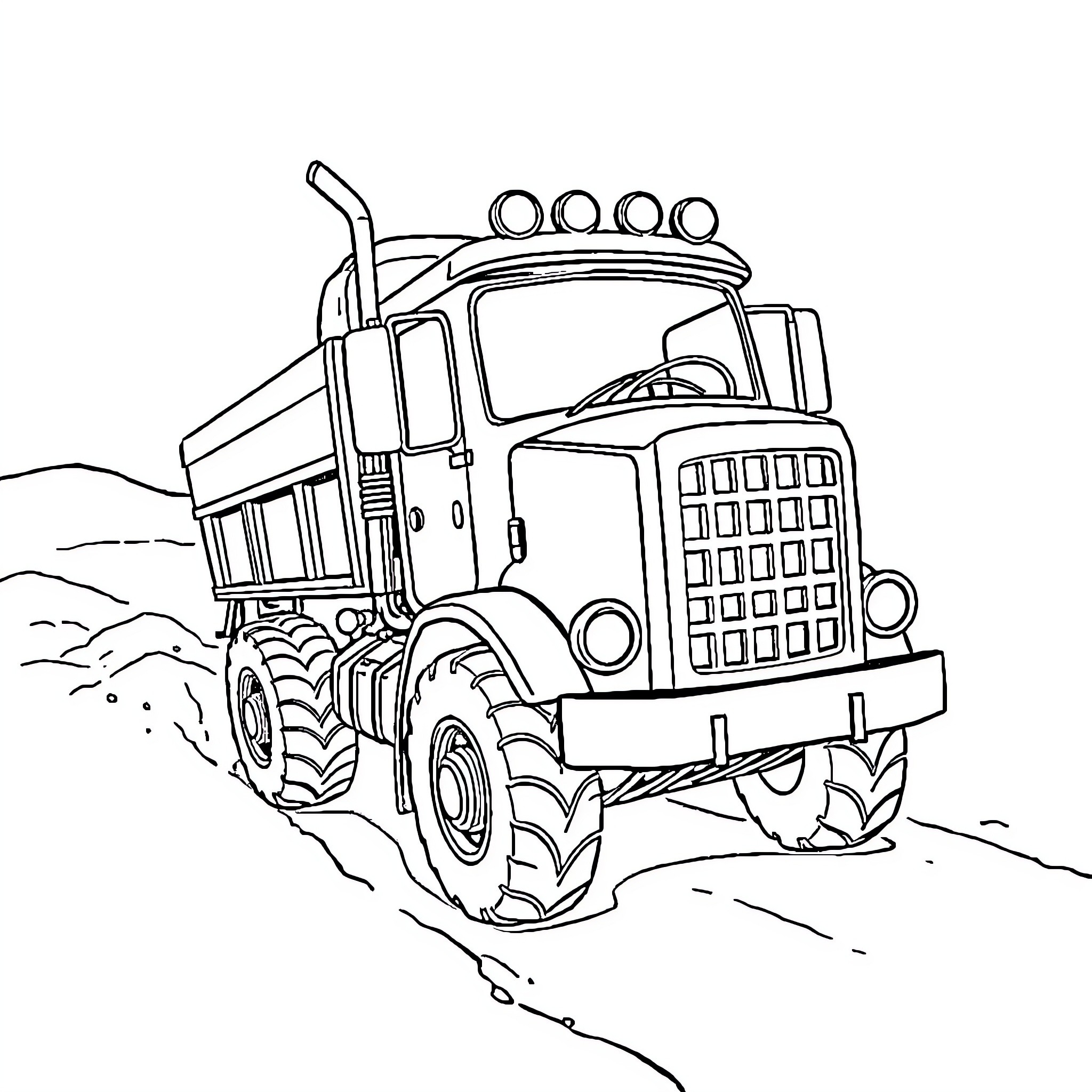 Camion Hauling Heavy Construction Equipment Coloring Page (free black-and-white line drawing printable PDF for all, from beginners to advanced learners, including children, teens, adults, and seniors)