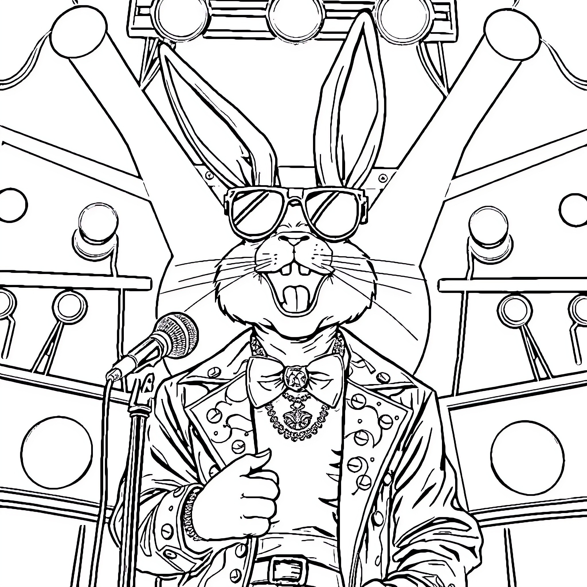 Bad Bunny on stage with microphone and colorful outfit Coloring Page (free black-and-white line drawing printable PDF for all, from beginners to advanced learners, including children, teens, adults, and seniors)